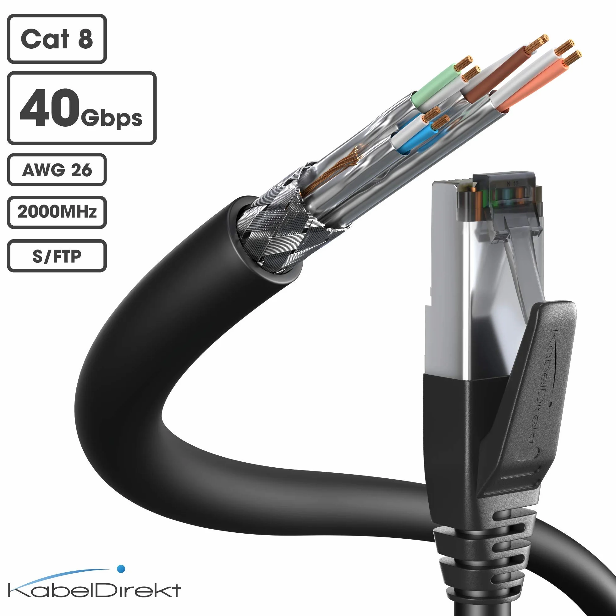 KabelDirekt – Kabel CAT8 Ethernet – 1 m – Kabel sieciowy z odporną na uszkodzenia konstrukcją i błyskawiczną prędkością transmisji 40Gbps (CAT8.1, idealny do Gaming/PS5/Xbox/Switch, RJ45, czarny)