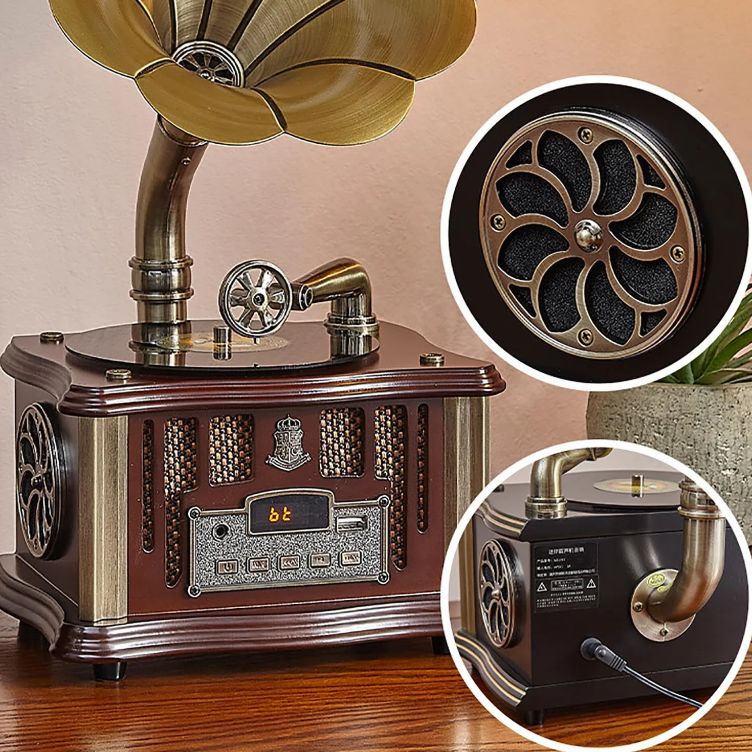Gramofon gramofon winylowy z wbudowanym głośnikiem, funkcją Bluetooth, wejście pomocnicze/USB/FM, idealny prezent dla miłośników muzyki i kolekcjonerów płyt winylowych