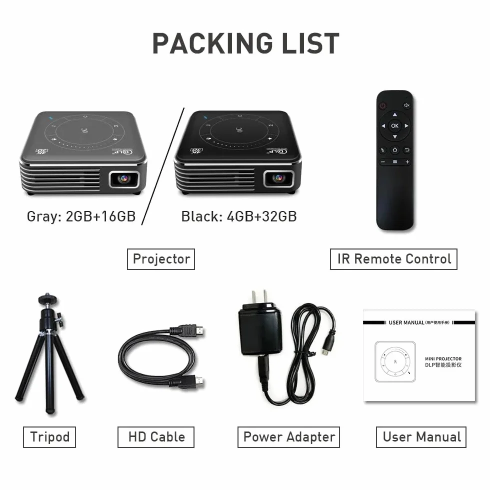 Mini projektor 2000 lumenów LED przenośny HD 1080P 4K z WiFi i Bluetooth - bezprzewodowe lustro 4000 mAh bateria wideo do inteligentnego telefonu (czarny 4 GB)