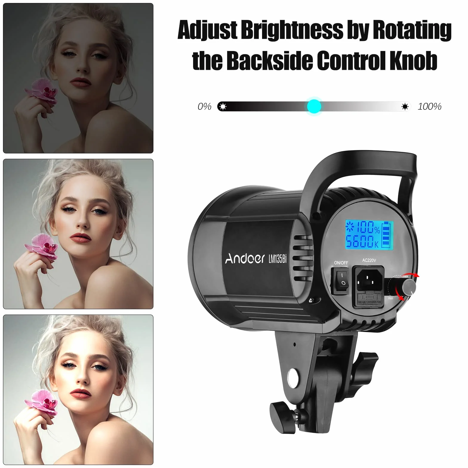 Andoer LM60Bi studyjna lampa błyskowa Studio Flash Strobe Blitz Light 135 W, lampa studyjna 3000 K-5600 K, przyciemniane światło ciągłe z uchwytem Bowens i pilotem zdalnego sterowania