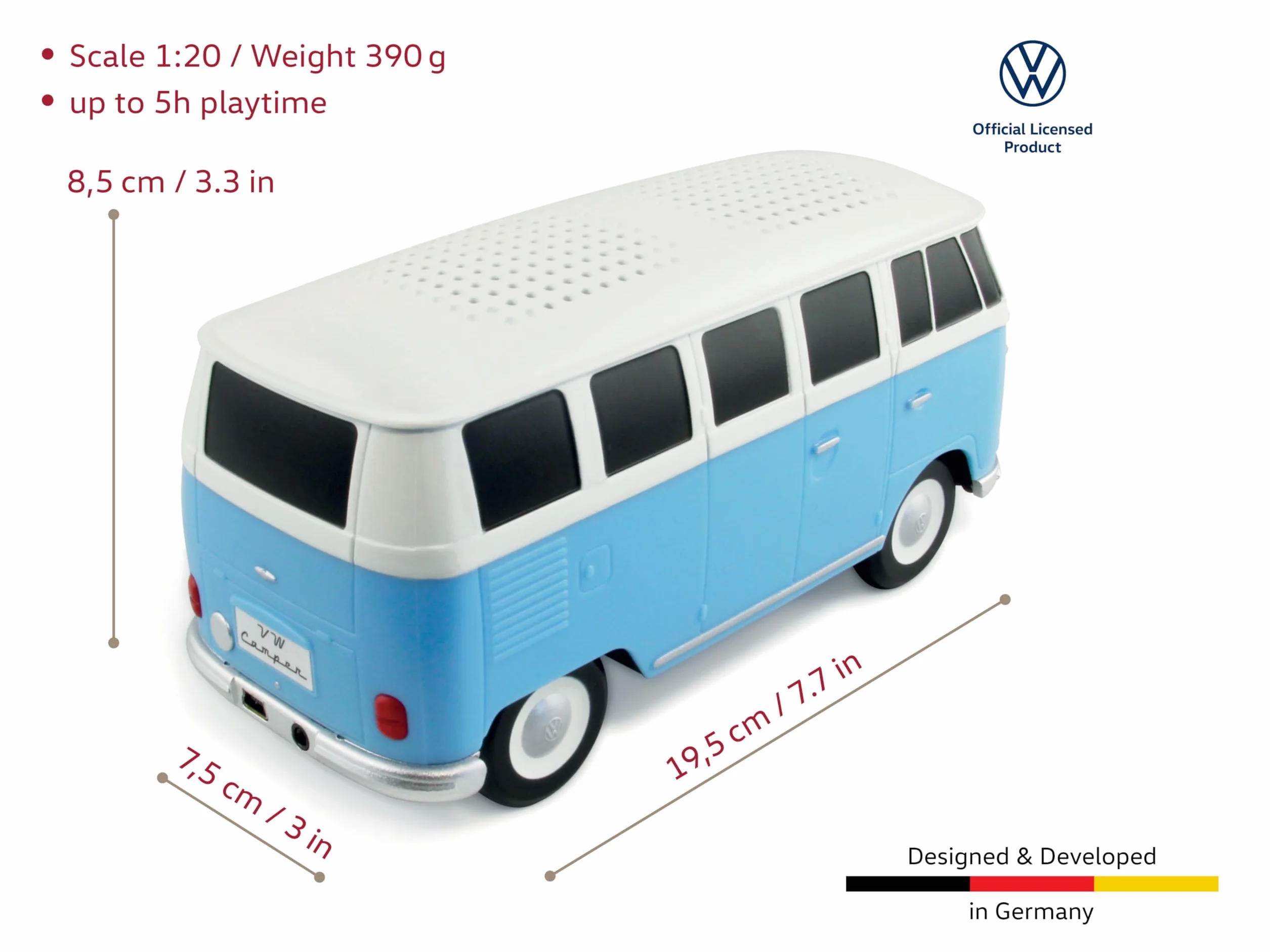 BRISA VW Collection - Volkswagen T1 Bulli Bus przenośny głośnik Bluetooth, bezprzewodowy/bezprzewodowy o doskonałej jakości dźwięku i wyjątkowym wzornictwie (skala: 1:20 I niebieski/biały)