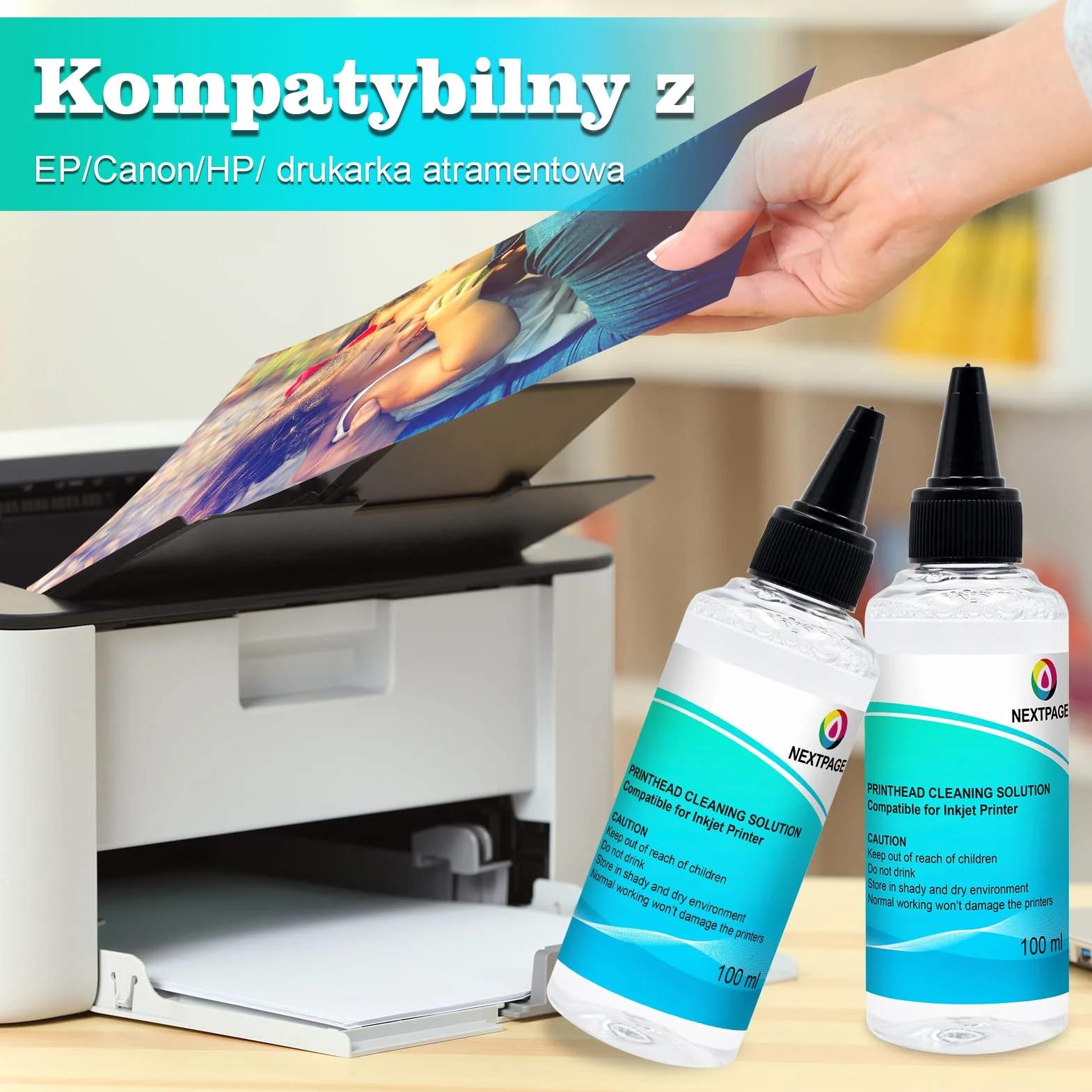 Nextpage Zestaw do czyszczenia głowicy drukującej, 100 ml x 2, do wszystkich drukarek atramentowych Epson, HP, Canon, Brother, Lexmark, Kodak i Samsung
