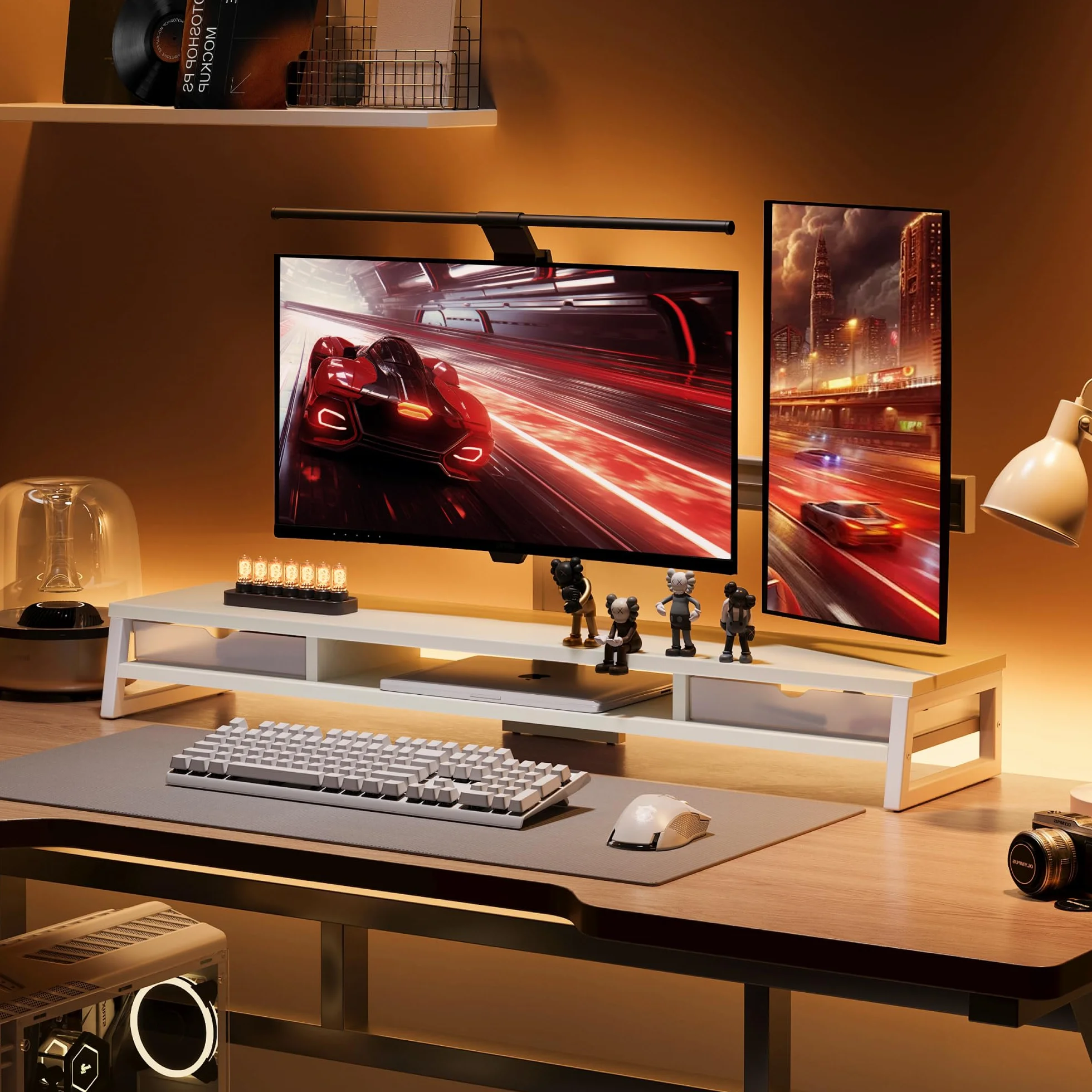 Fenge Podwójny stojak na monitor, riser, z 2 szufladami akrylowymi, 2 poziomy, 108 cm, stojak na ekran komputera / laptopa, faksu, drukarki, telewizora, nośność 45 kg (biała)