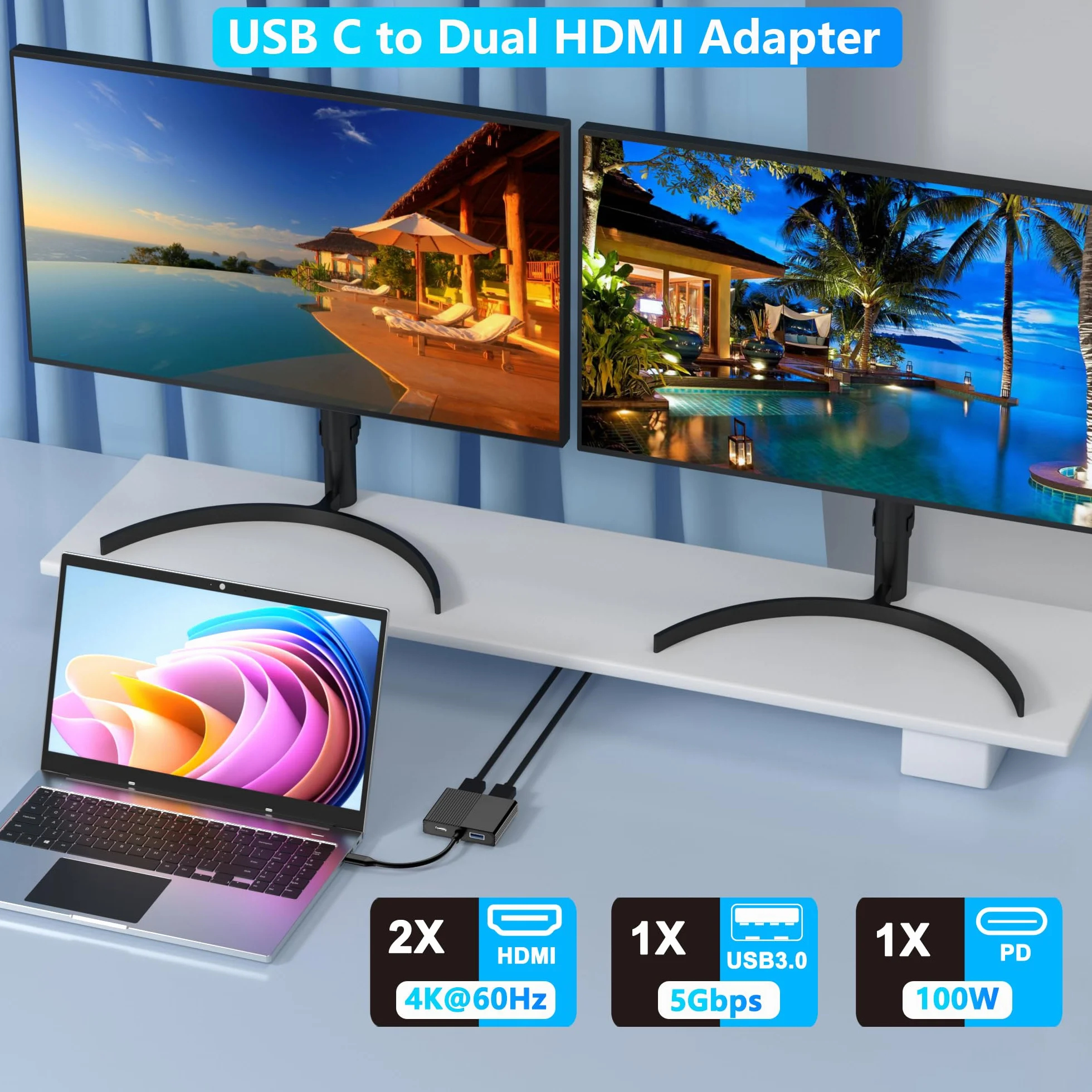 Rozdzielacz HDMI na dwa monitory, adapter USB C na podwójny HDMI 4K @ 60 Hz do laptopów Dell/HP/Mac z PD, USB 3.0, podwójny adapter HDTV na 2 monitory, rozdzielacz HDTV
