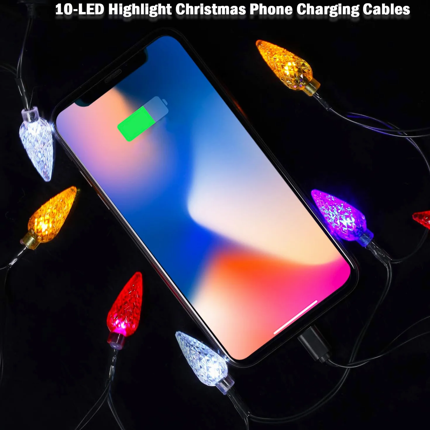 2 sztuki oświetlenia bożonarodzeniowego, kabel do ładowania telefonu komórkowego, 140 cm USB-A na Lightning, kabel do ładowania z 10 lampkami LED, kabel do ładowania na urlopie, kompatybilny z