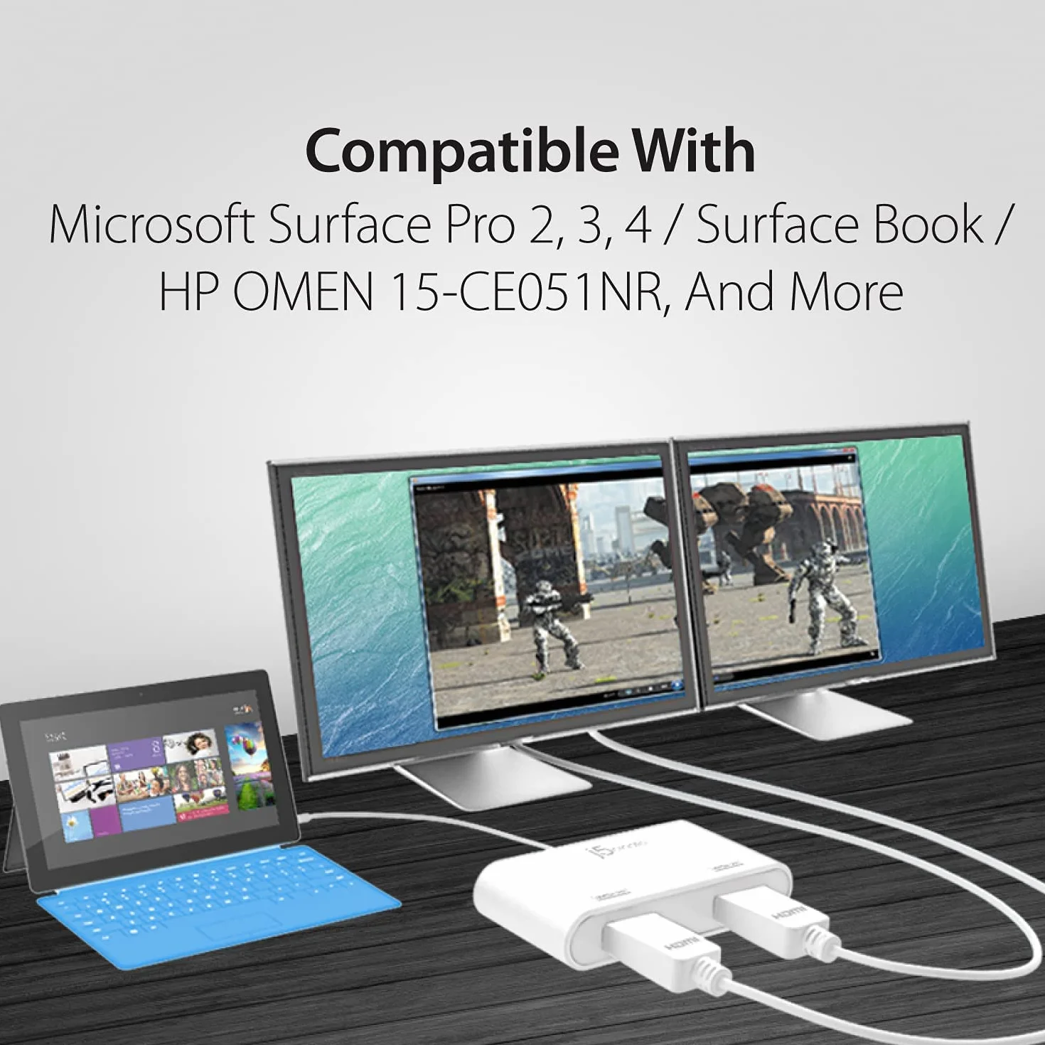 j5create Mini DisplayPort na Dual 4K HDMI MST adapter, kompatybilny z Microsoft Surface Pro, Surface Book, HP Omen 15-CE051NR i innymi (JDA156)