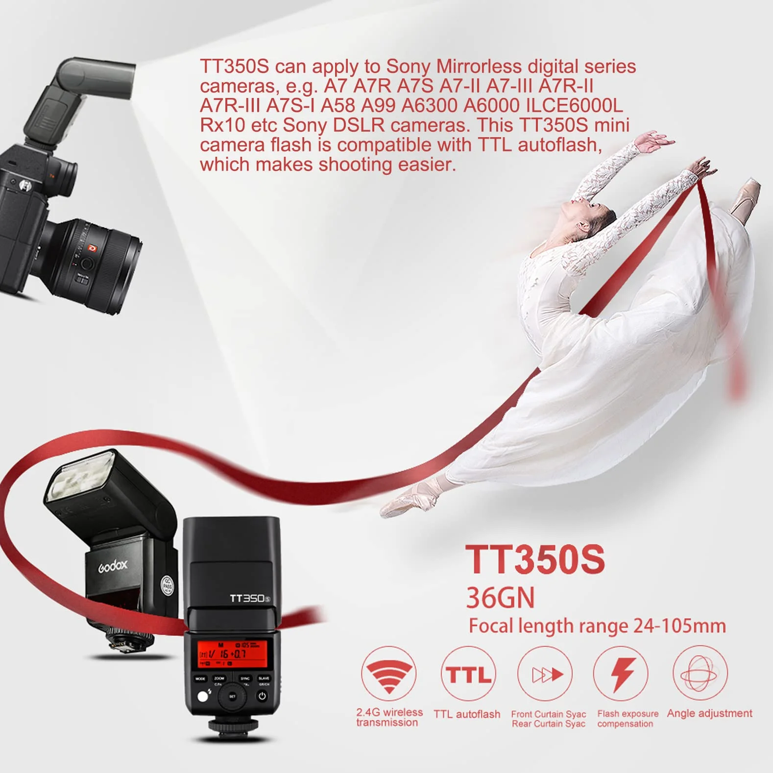 Godox Lampa błyskowa TT350S z 2,4G HSS 1/8000s TTL GN36 Speedlite kompatybilna z aparatem cyfrowym Sony