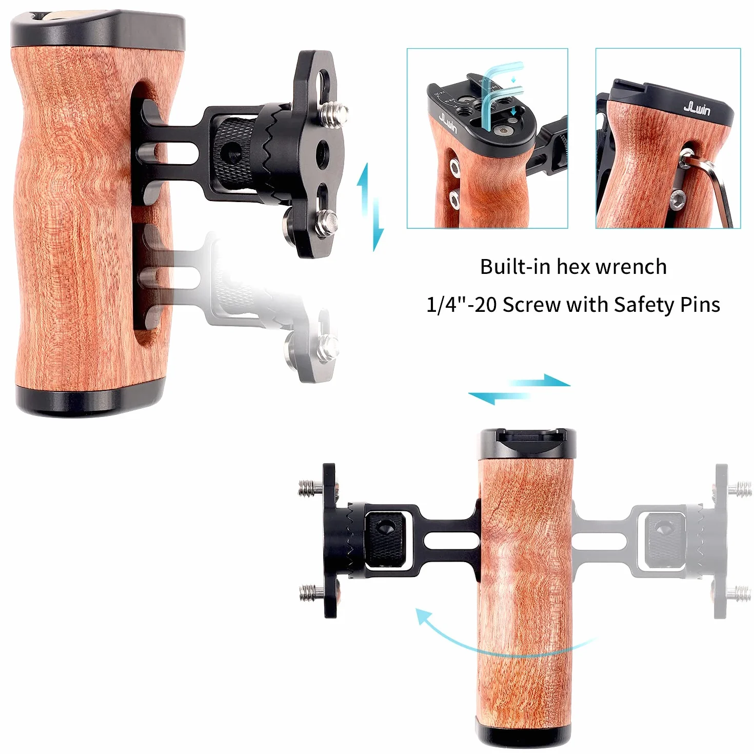 FOTGA Drewniany mini uchwyt boczny lewy/prawy uchwyt z uchwytem 1/4"-20 i 3/8"-16 & Cold Shoe Mount Universal do lustrzanek bezlusterkowych klatki na aparat Rig Video Light (wersja Quick Releae)
