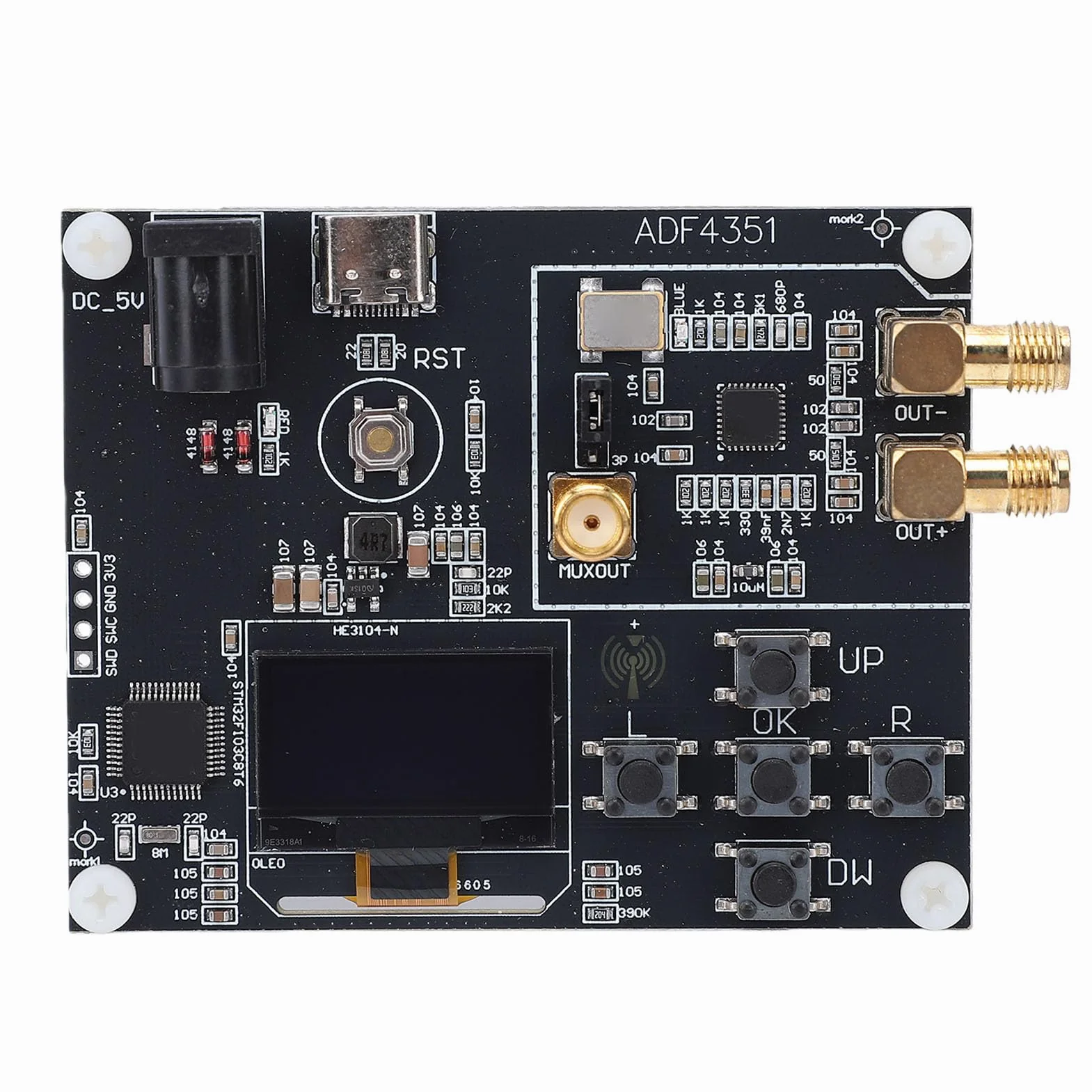 Focket ADF4351 Moduł z synchronizacją Fazy Płytka Syntezatora Częstotliwości RF 35 MHz–4,4 GHz, Szerokopasmowy Generator Sygnału RF PLL z Wyświetlaczem i Wyjściem SMA do Testowania Komunikacji i