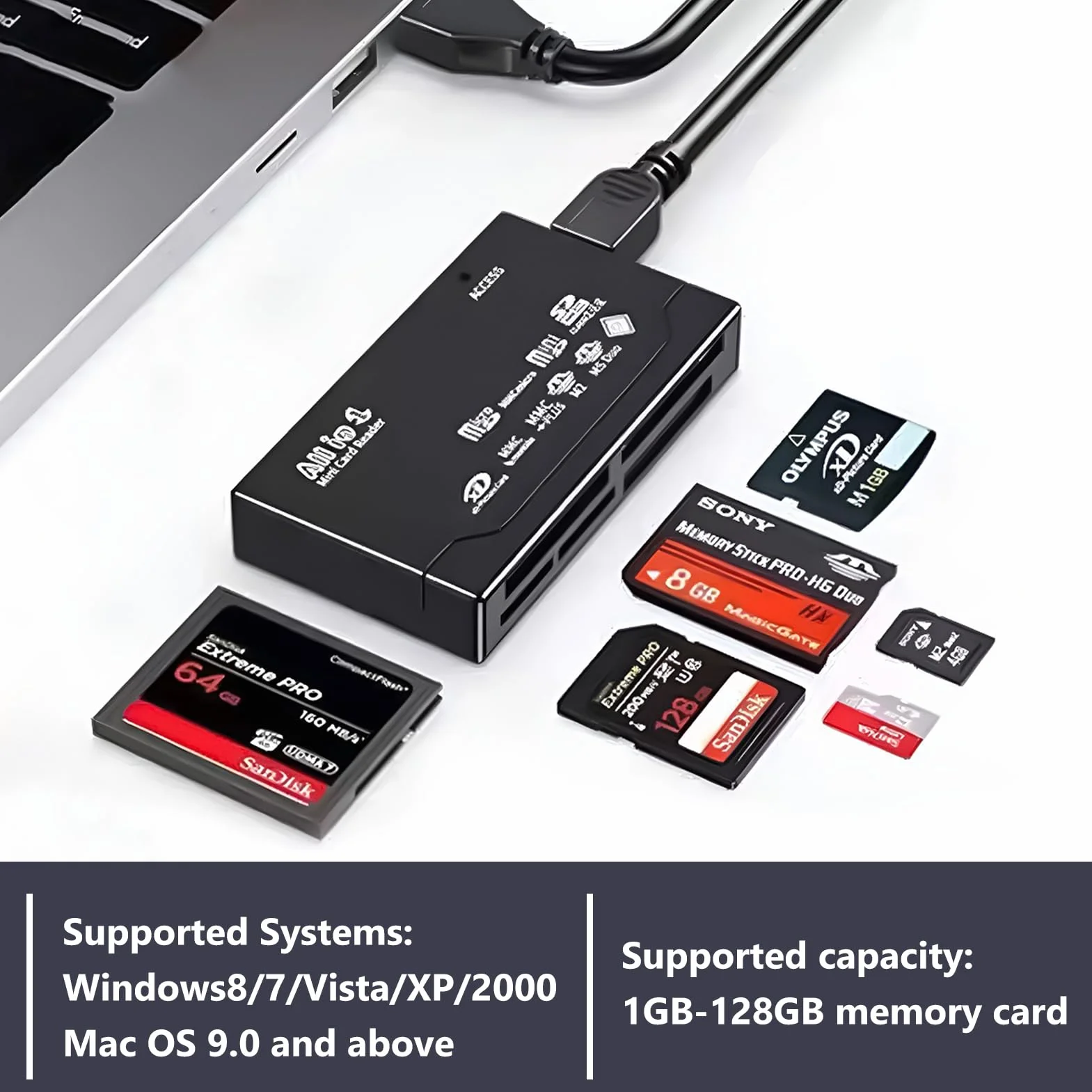 Czytnik USB 6 w 1 All-in-One karta pamięci, zewnętrzna karta pamięci kompatybilna z CF SD SDHC XD MS M2 TF, szybki, 480 Mb/s Plug and Play, do komputerów PC z systemem Windows i Mac OS