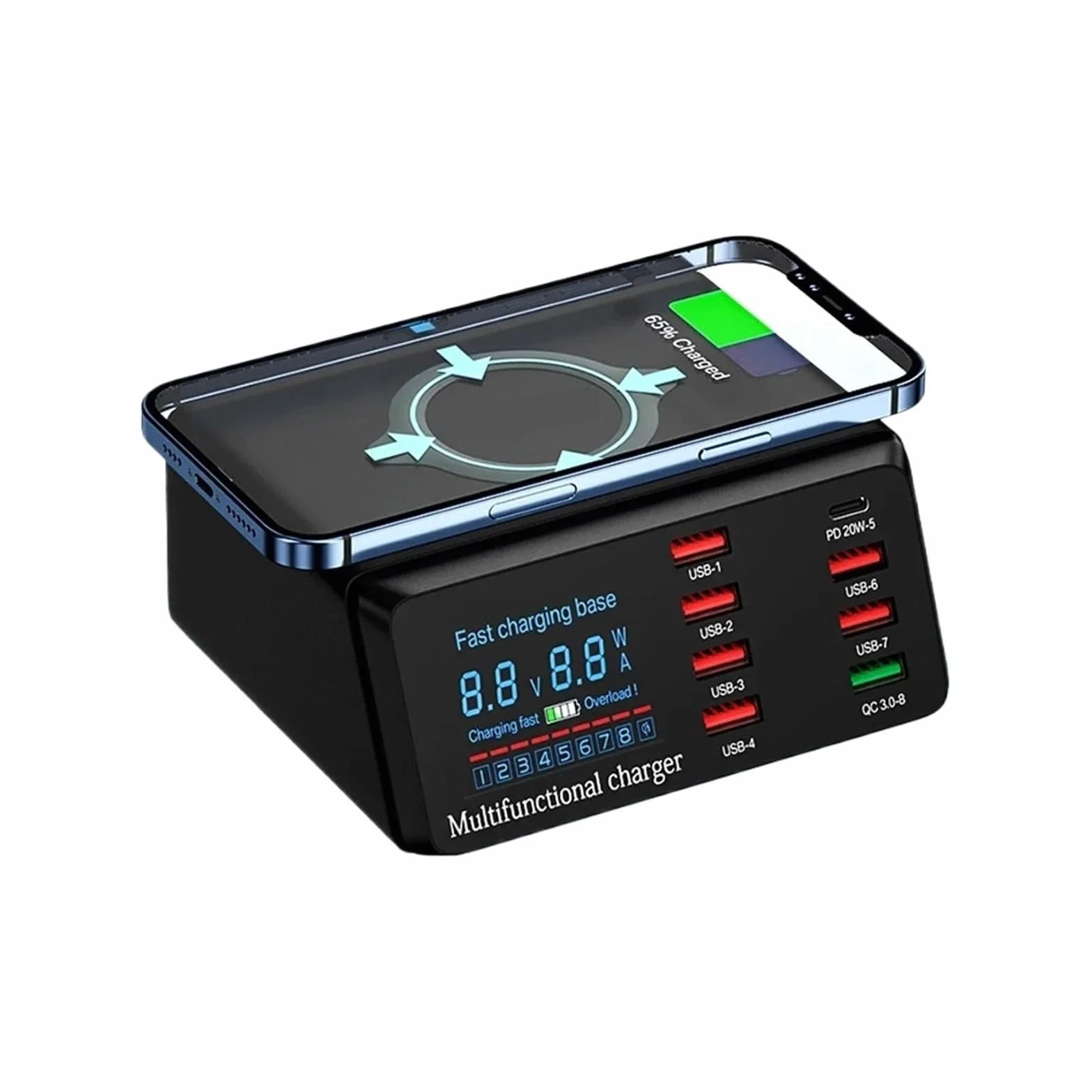8-portowa Stacja Ładująca USB O Mocy 100 W Z Bezprzewodowym Ładowaniem Cyfrowy Wyświetlacz QC3.0 PD3. Szybkie Ładowanie MożLiwość Szybkiego łAdowania