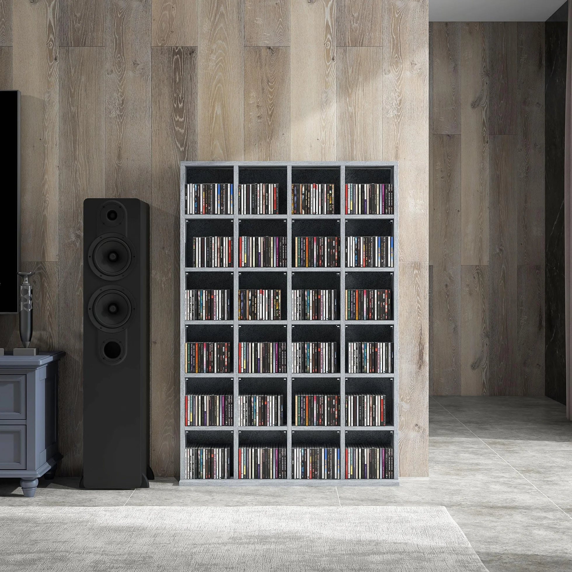 HOMCOM Przechowywanie płyt CD i DVD, nośnik multimedialny z 24 przegródkami, maks. pojemność 480 CD/312 DVD, drewniany regał z regulowanymi półkami, 89 x 20 x 130,5 cm, szary