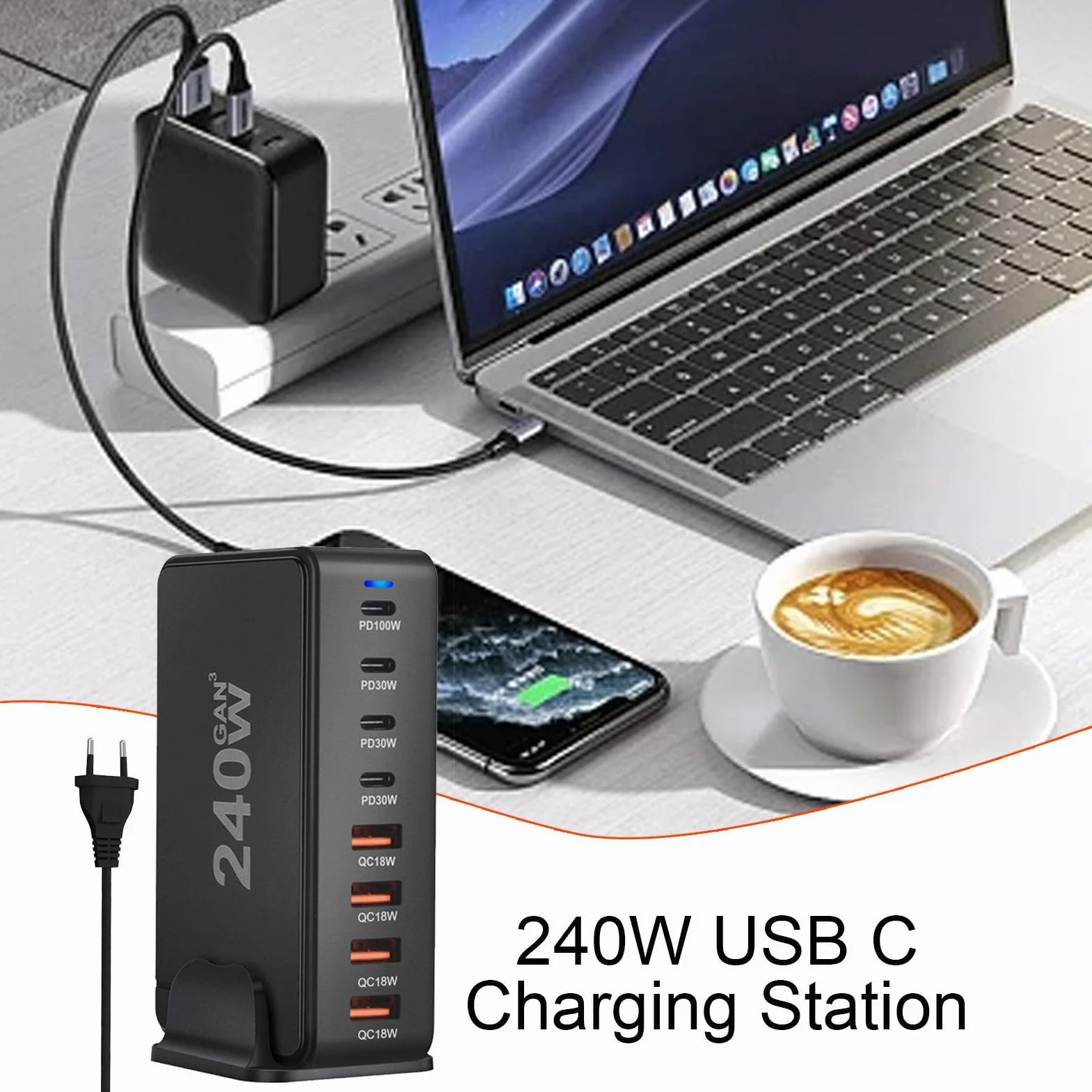 Ładowarka 240 W | 8-portowy adapter do szybkiego ładowania laptopa typu C | Pd QC Ultra szybkie ładowanie zasilacza do laptopa do ładowania
