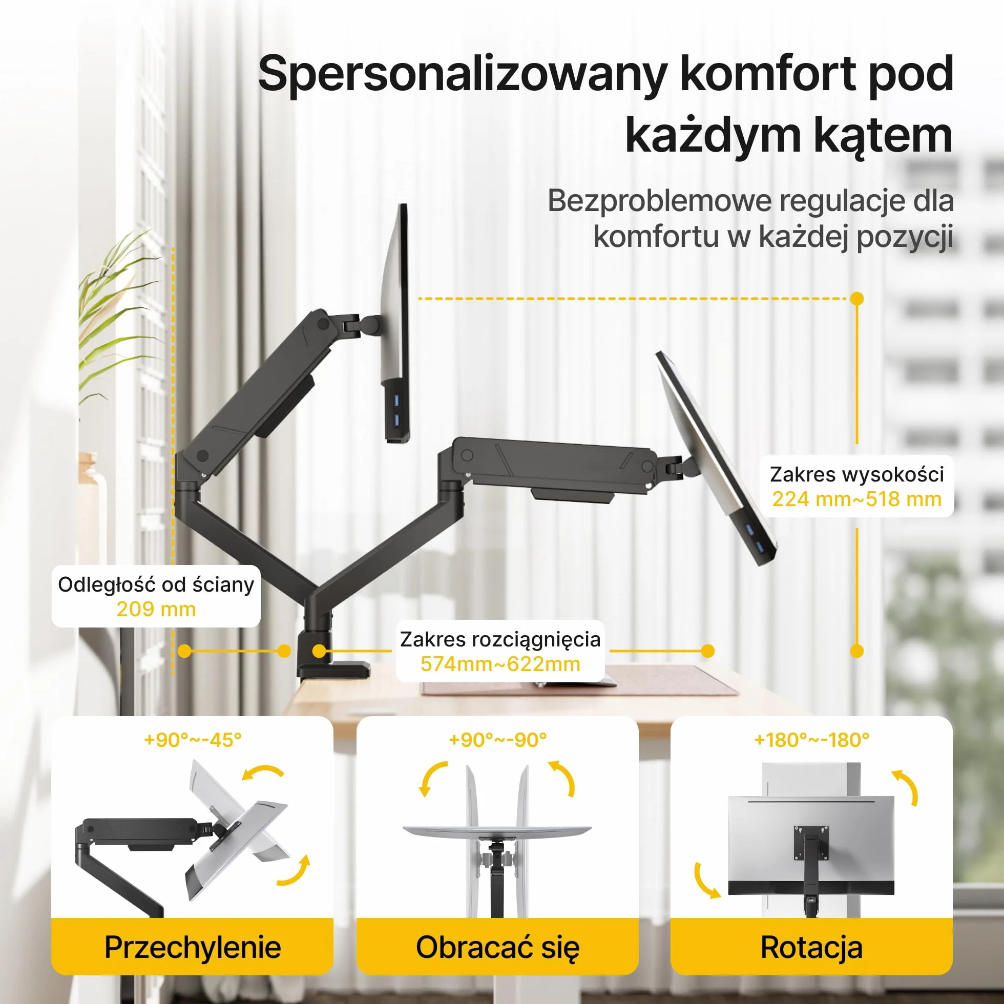 monTEK Uchwyt do monitora, 2 monitory do ekranów 17-35" | ramię monitora utrzymuje 1-16 kg, VESA 75/100, stojak na monitor z pochyleniem, wychylenie, obracanie, czarny