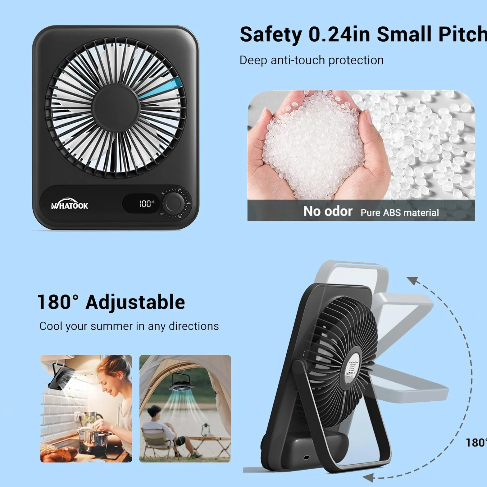 WHATOOK wentylator biurkowy mini przenośny: ciche prędkości 1-100, bateria 5000mAh 24h z szybkim ładowaniem USB-C i wyświetlaczem LED, energooszczędne wentylatory bezpieczne dla dzieci do biura domowe