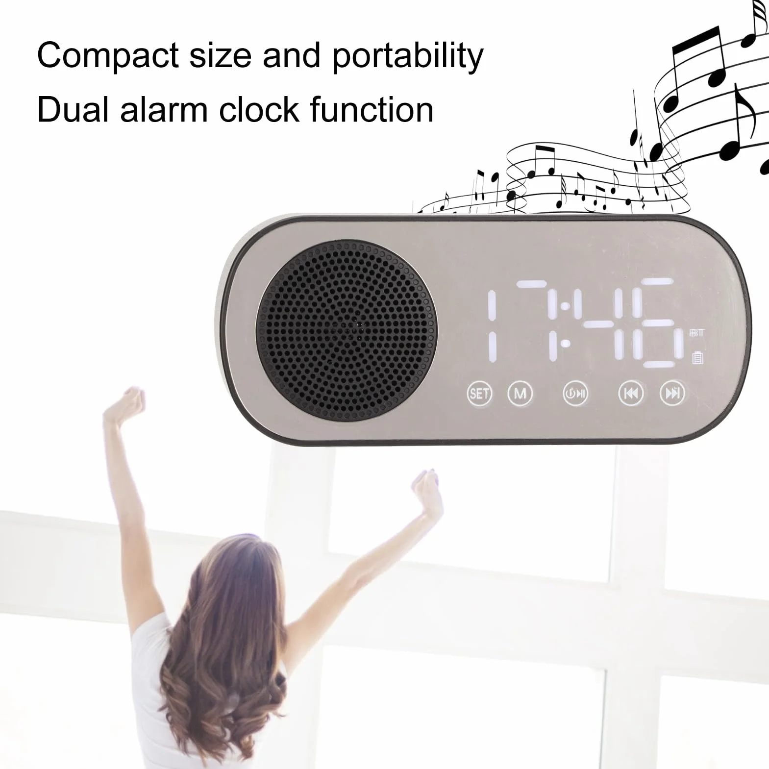 Budzik Radiowy, Ustawienie Podwójnego Budzika, Przenośne, Dostrojone Cyfrowe Radio FM, z Głośnikiem Muzycznym Bluetooth, Duży Ekran LED, Wiadomości, Prognozy Pogody