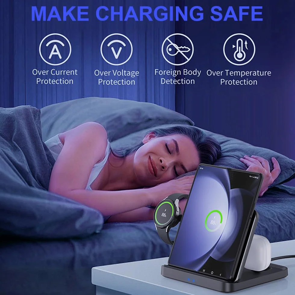 Bezprzewodowa Ładowarka, 15W Ładowanie Stacja Ładująca, Stojak do Ładowarki Bezprzewodowej LED Adaptacyjny, Ładująca Podstawka dla iPhone 17 16 15 14 13 12 Pro Max Samsung S24 S23 etc