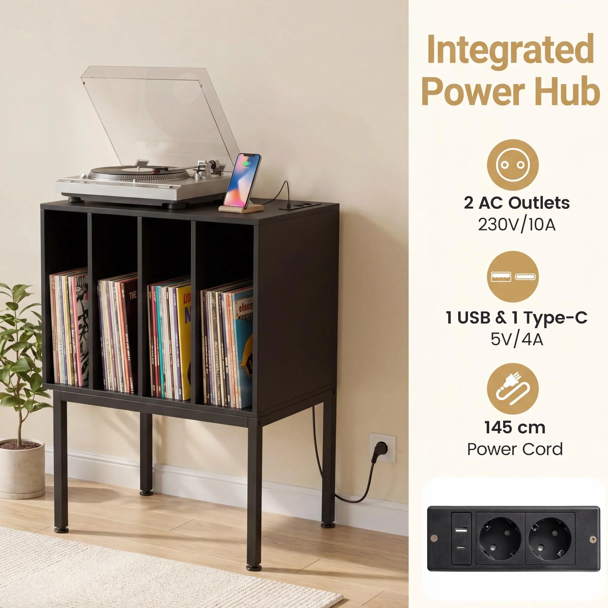 GIANTEX Stojak na gramofon ze stacją ładującą, regał na płyty gramofonowe z 4 przegródkami do przechowywania płyt gramofonowych, stół do gramofonu z metalowymi nogami, do salonu, pokoju muzycznego