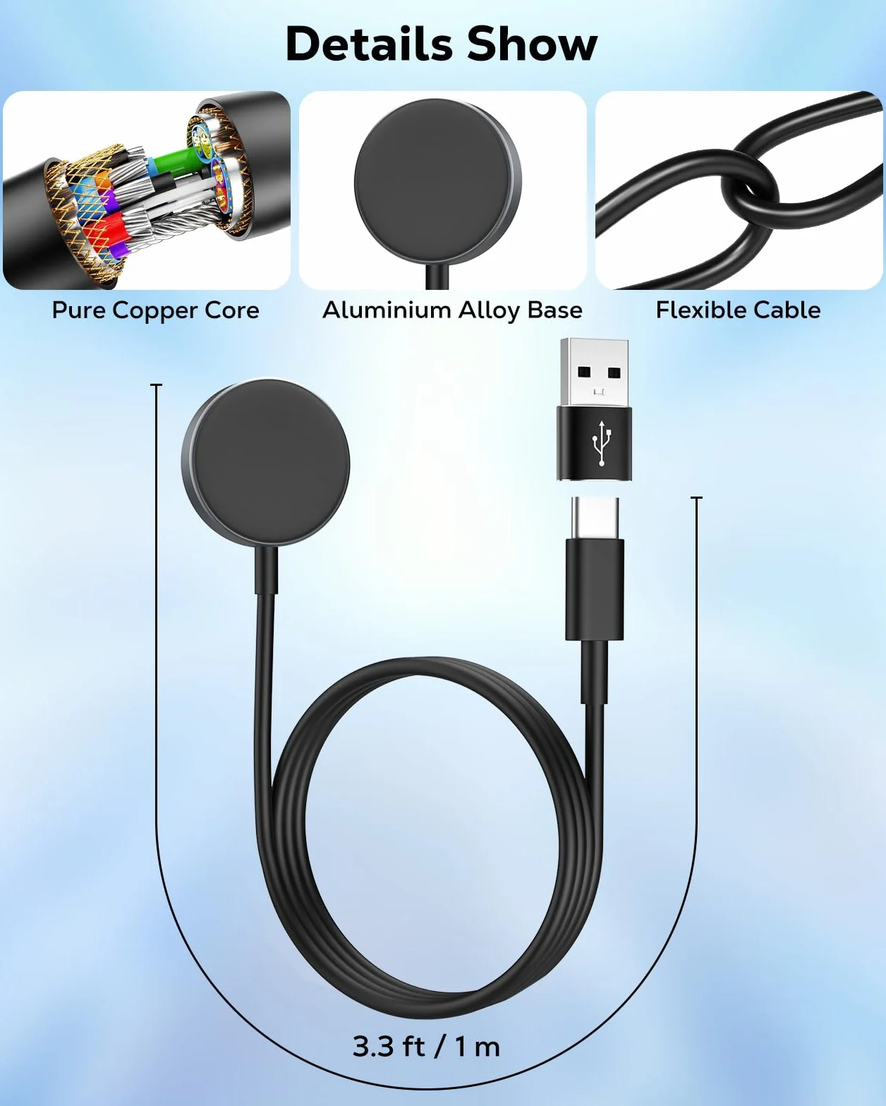 MoKo Type C Galaxy Watch Charger for Samsung Galaxy Watch 8/8 Classic/7/Ultra/6/6 Classic/5/5 Pro/4/3/Active2/FE, Magnetic Charging Dock with 3.3FT Charging Cable and USB C to USB A Adapter