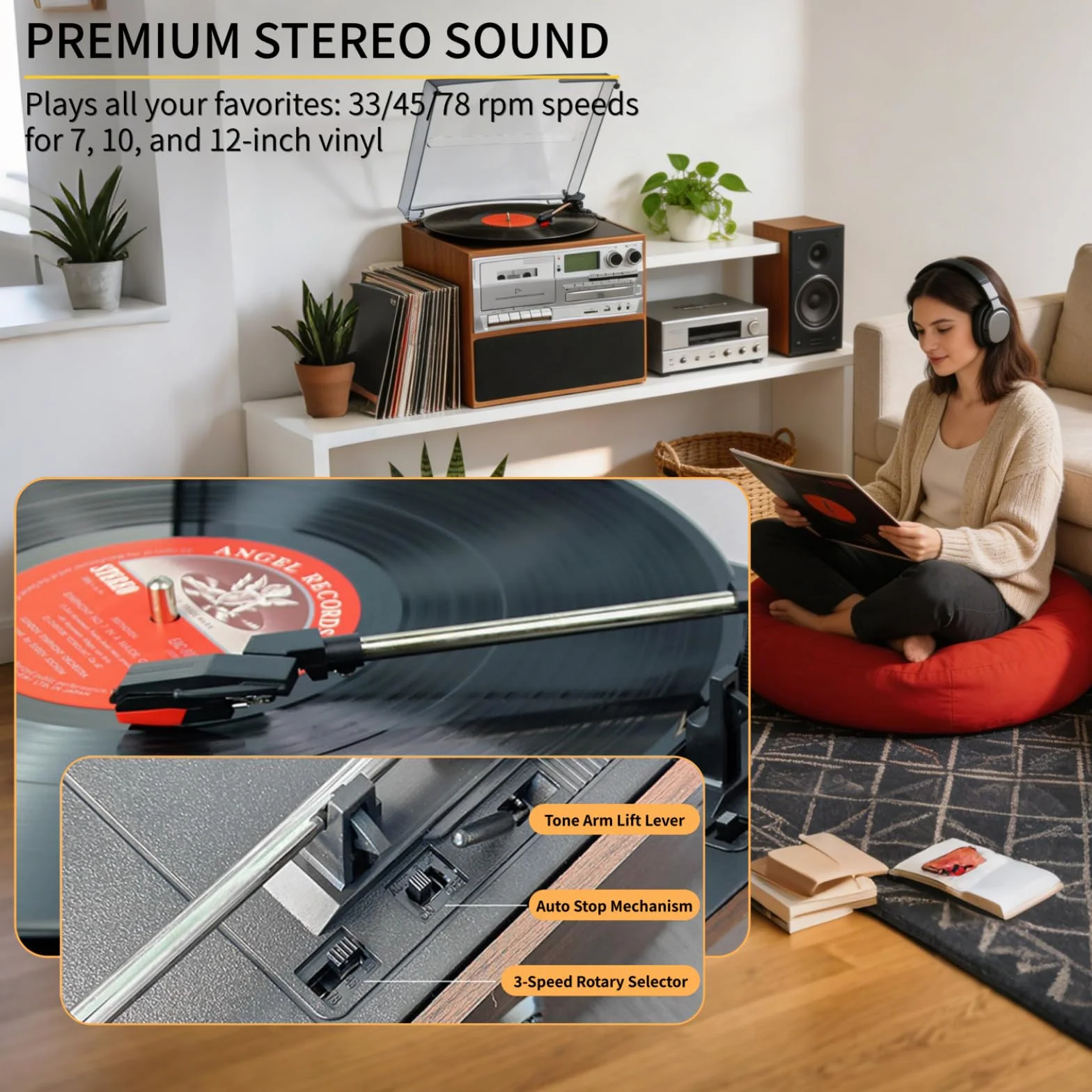 Gramofon i centrum multimedialne, 3-biegowy gramofon z wbudowanym odtwarzaczem CD i kasetowym, radio FM, bezprzewodowe przesyłanie muzyki, do domowej rozrywki w stylu vintage