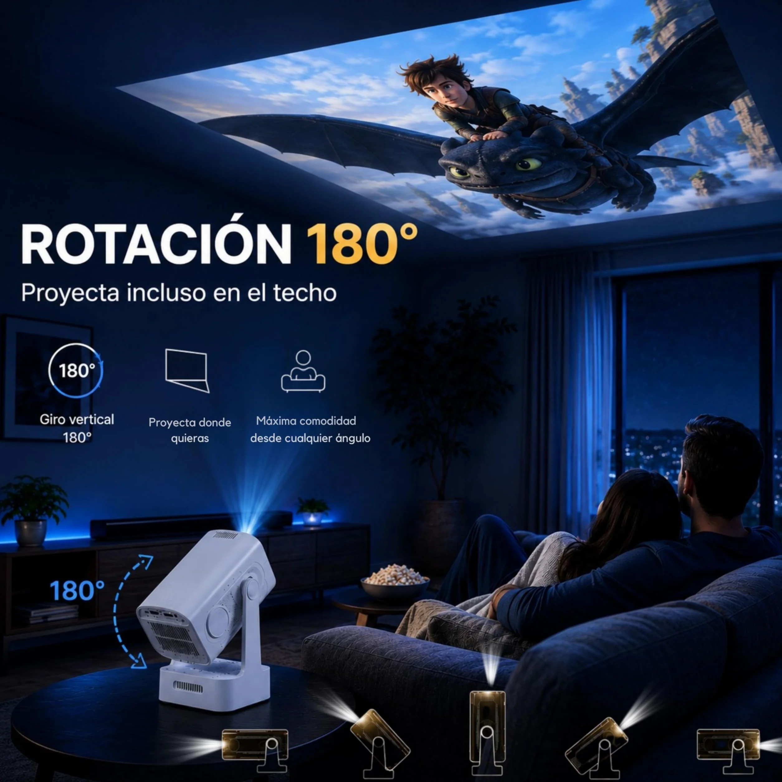 Przenośny mini projektor 1080p z obsługą 4K - Ulepszona wersja 2026 - Projektor telewizyjny - Projektor Portable - Android 11 Auto Focus - Projekcja do 130 cali - Obrót o 180° dla dachu