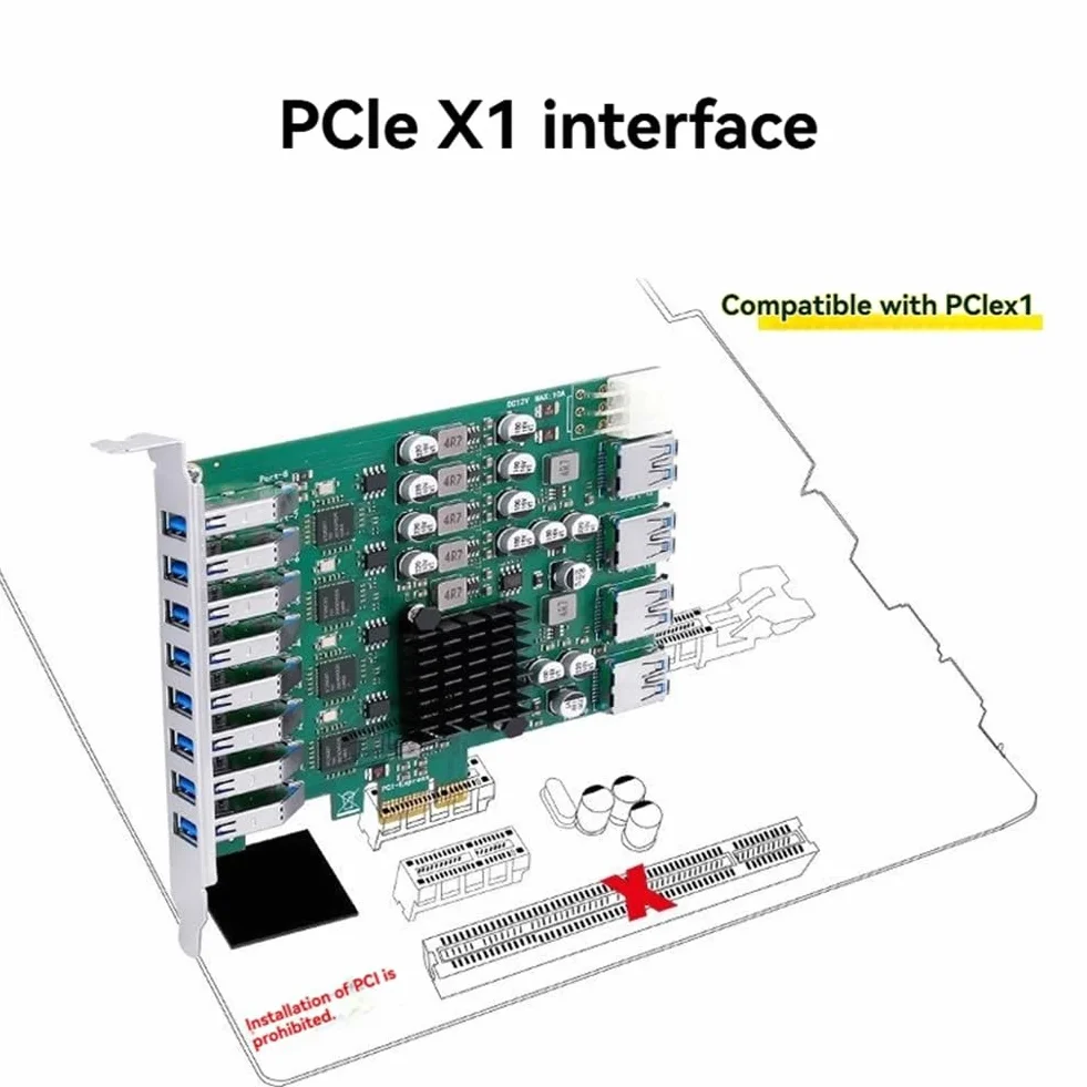 PCIe X1 na 4-kanałowy 12-portowy USB 3.2 Gen1 karta rozszerzeń USB3.0 5 Gb/s karta adapter do komputera stacjonarnego