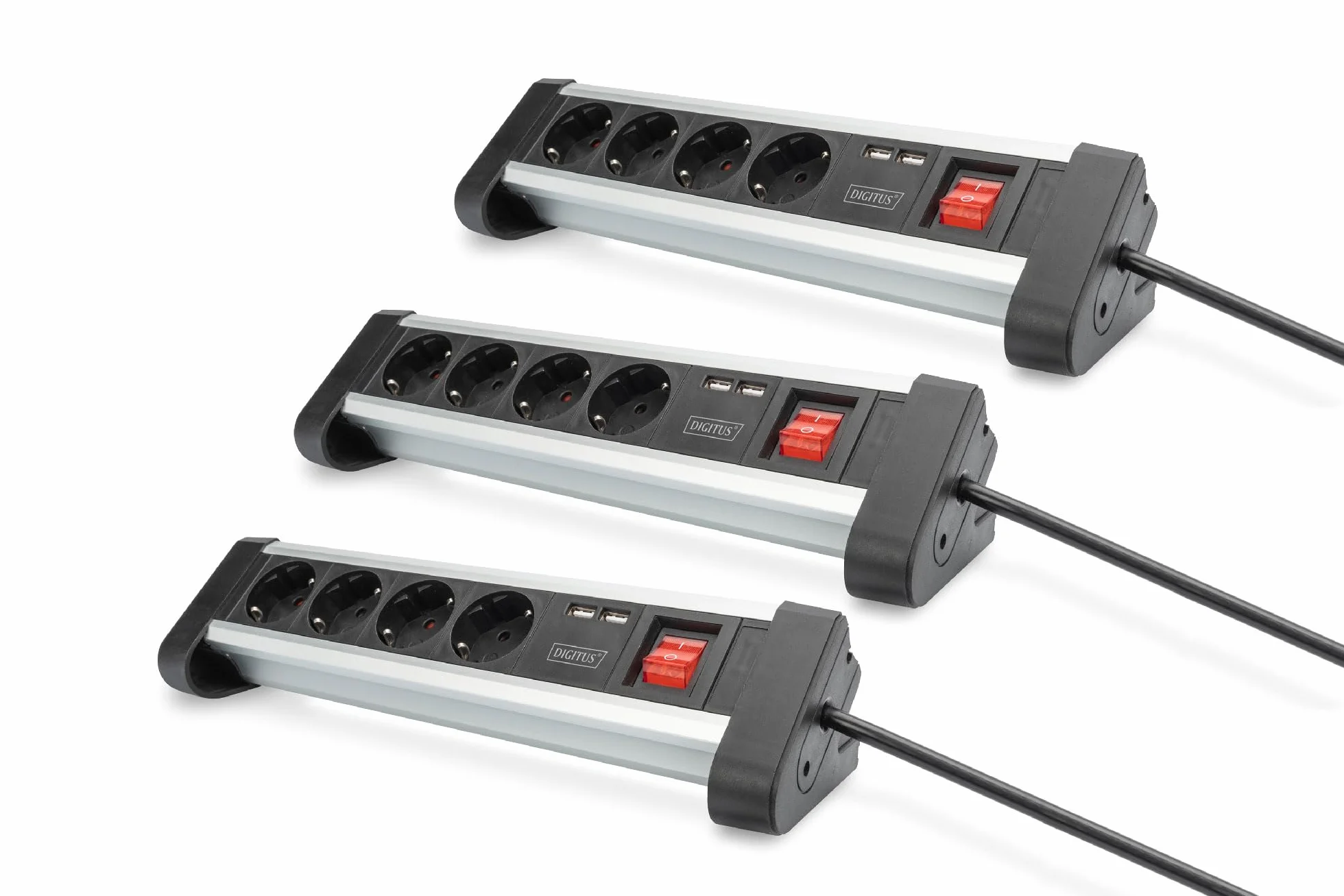 DIGITUS DA-70614 - Gniazdo wielokrotne z USB - 3 sztuki - 2x port USB (USB-A) - 4x gniazdo ze stykiem uziemiającym - Z przełącznikiem - Ładowarka USB - Do montażu na biurku i ścianie
