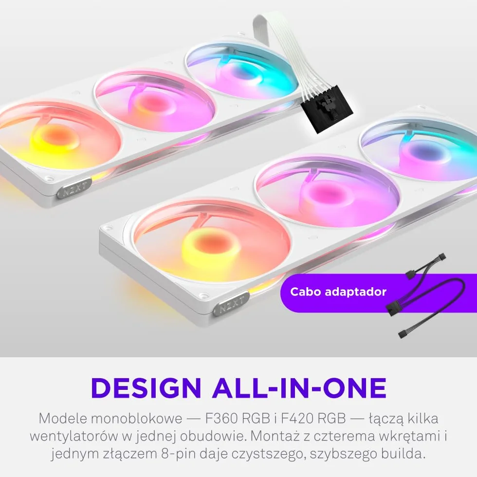 NZXT F360 RGB - Wentylator RGB PWM single-frame 360mm - Biały | Zestaw single-frame 360mm z trzema wentylatorami PWM RGB 120mm. Żywe RGB i łożyska hydrodynamiczne dla cichego chłodzenia.