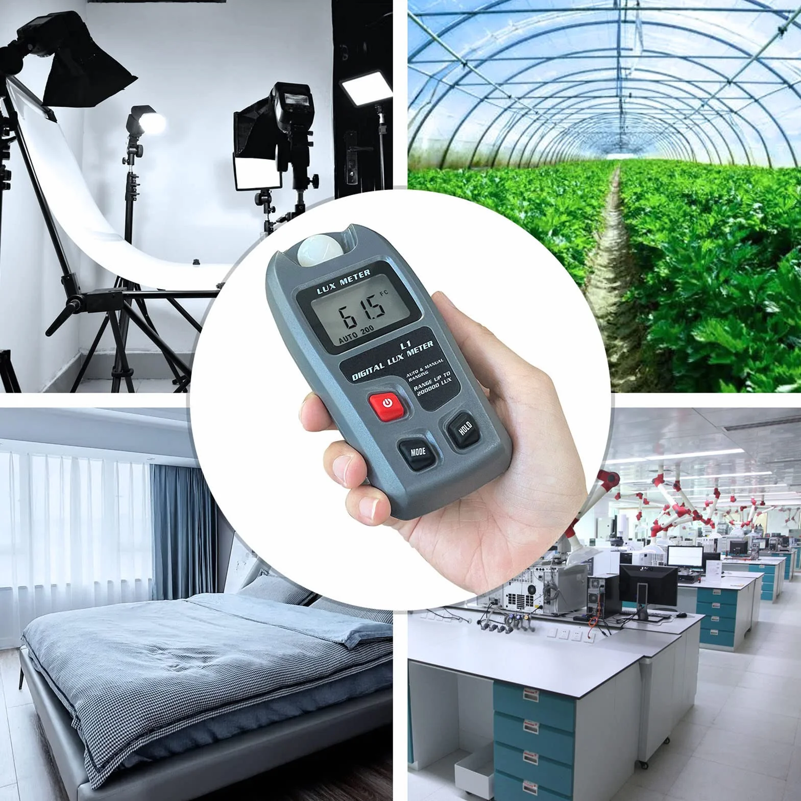 Cyfrowy Miernik Natężenia Oświetlenia Luksomierz z Wyświetlaczem LCD, Zakres Pomiarowy 0~200 000 Luksów, Wybór Jednostek Lux/FC dla Domów, Rolnictwa, Magazynów, Farm, Scen