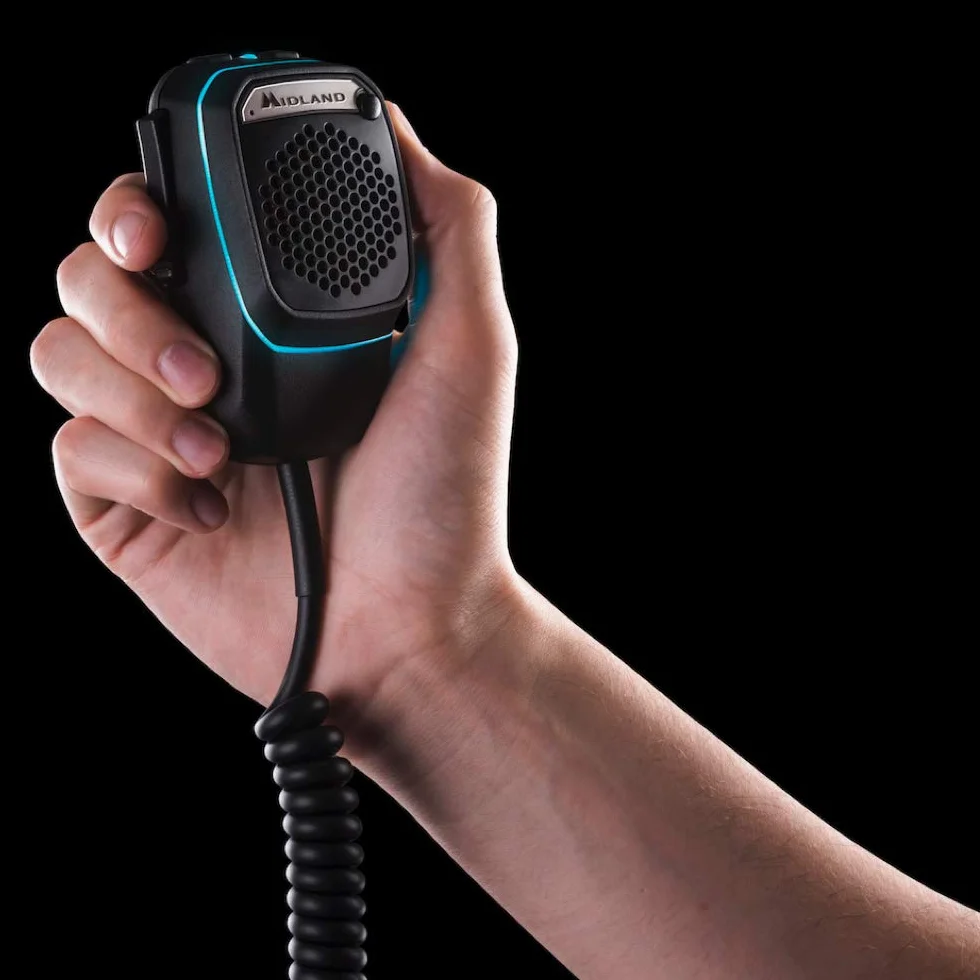 Midland - Mikrofon Bluetooth Dual Mike do radia CB, przedwzmacniacz 4-pinowy, połączenie CB i smartfon, podwójny PTT, wbudowany głośnik, DSP dla jakości głosu, kompatybilny z aplikacją CBTal