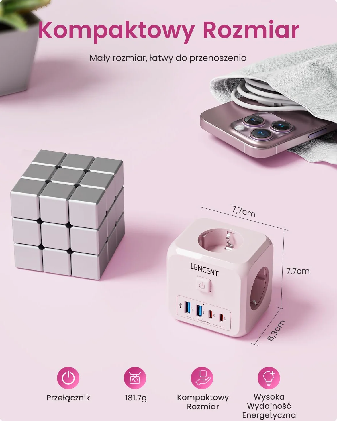 LENCENT Listwa Zasilająca 7 w 1, Listwa Zasilająca 4000 W, Wielokrotne Gniazdko z Przełącznikiem, 3 Gniazda AC, 2 USB-A i 2 Typu C, Rozszerzenie do Biura, Kuchni i Sypialni, Różowa
