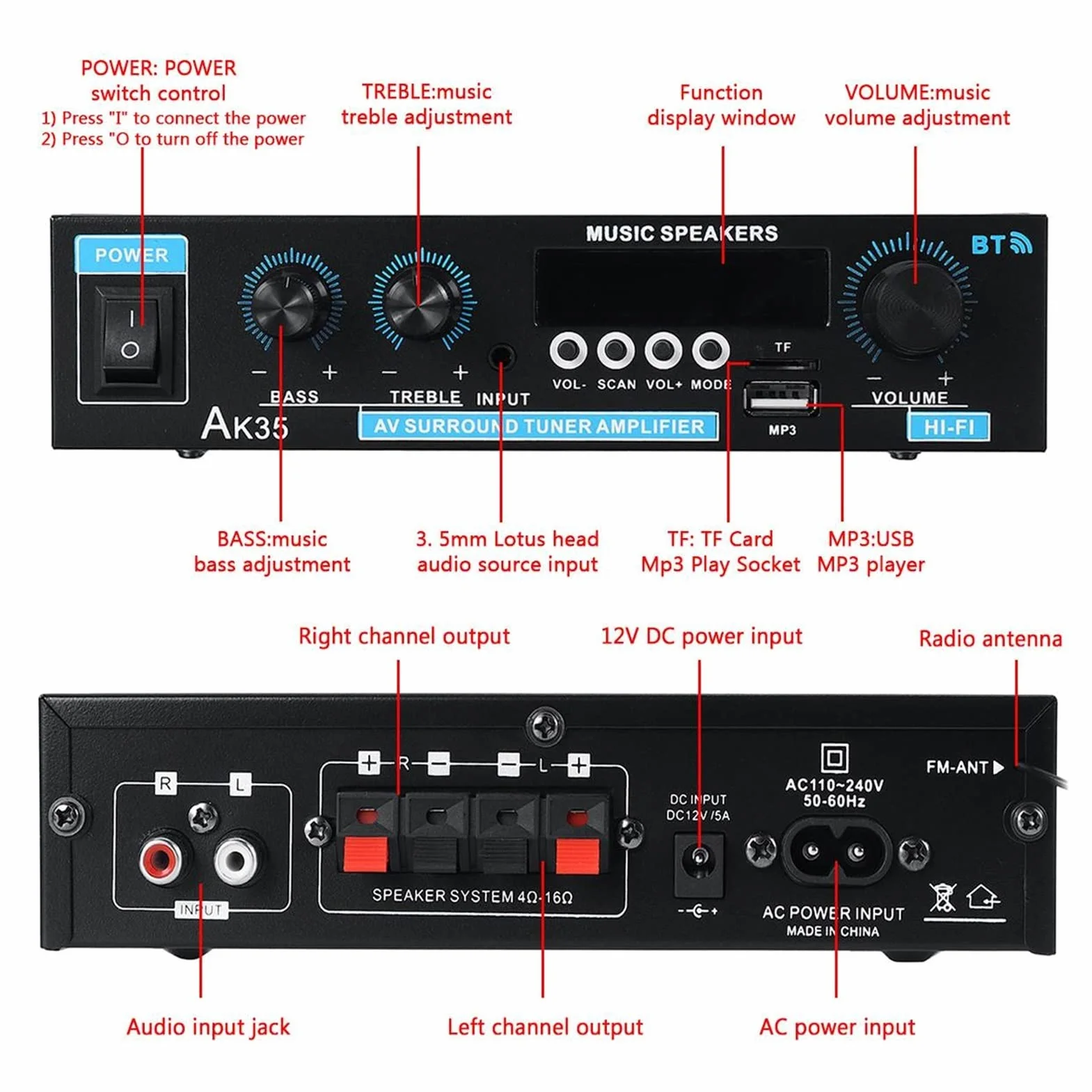 Wzmacniacz, 40. 0W + 400W. Wzmacniacz cyfrowy MINI 2.0 Kanałowy Odbiornik Bluetooth 5.0 Usb. Odtwarzacz muzyki Stereo Home/Car/Marine Audio Amp