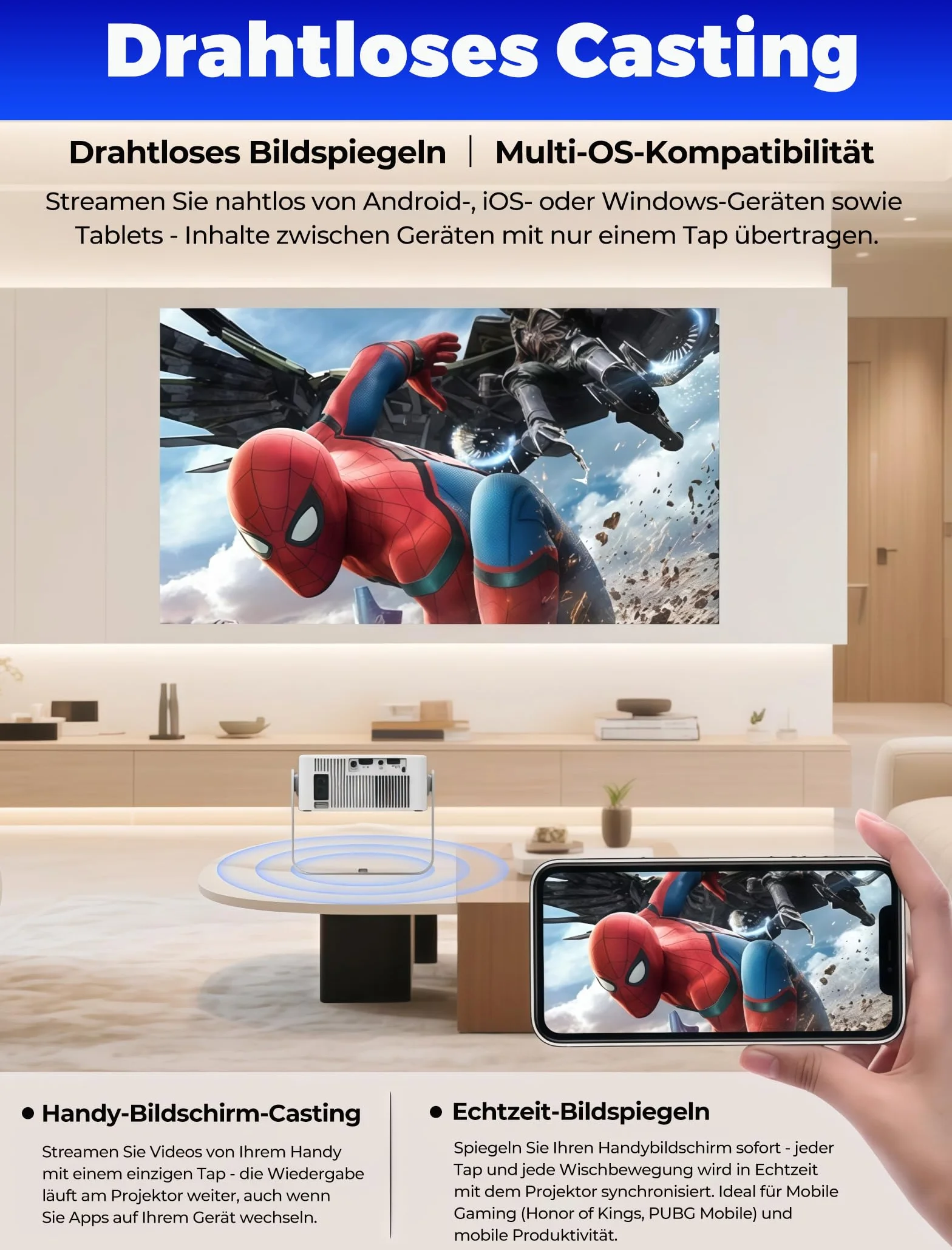 Mini projektor z WiFi 6 i Bluetooth 5.4, przenośny projektor z obsługą 4K/1080P, projektor wideo z pilotem zdalnego sterowania, inteligentny projektor kompatybilny ze smartfonami/TV Stick/HDMI/USB