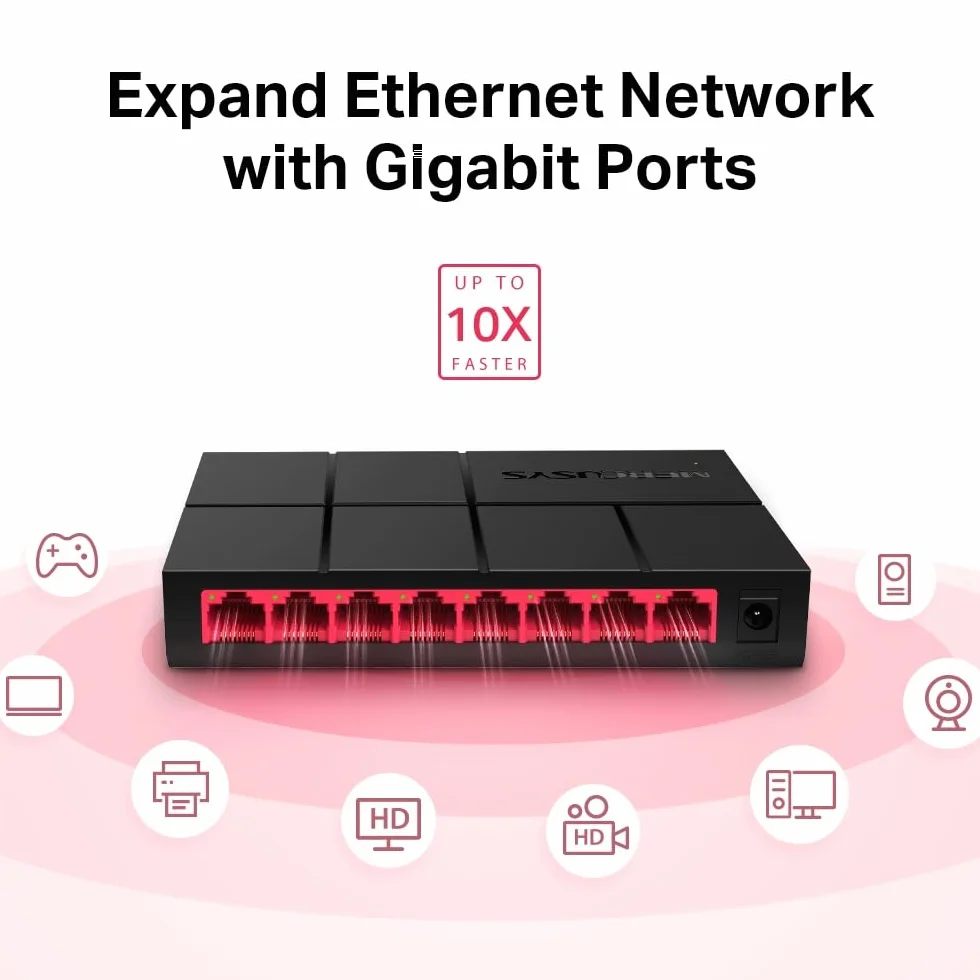 Mercusys MS108G – Niezarządzalny switch Gigabit Ethernet 8‑portowy, obudowa z tworzywa, bez wentylatora, Plug & Play, energooszczędny Green Ethernet, idealny do biura domowego, NAS, IPTV, monitoringu