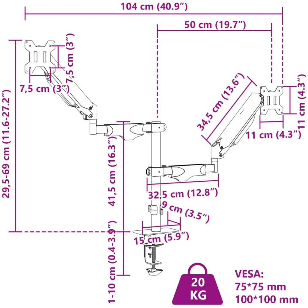 vidaXL Podwójny uchwyt do ekranu 27'' (maks.), sprężyna gazowa 20 kg