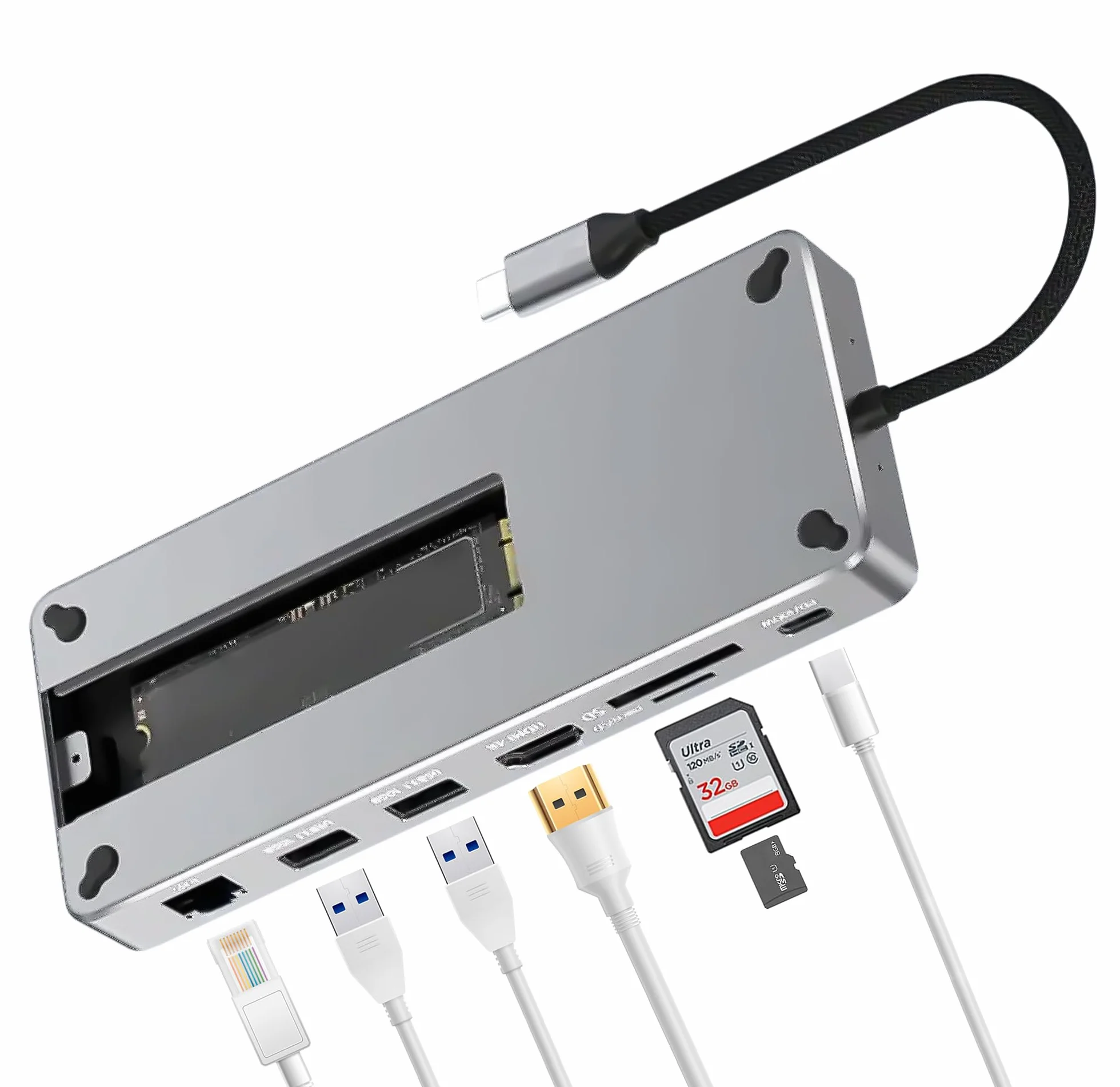 Reagle Koncentrator USB-C 10 w 1 z obudową M.2 SSD, 4K 60 Hz HDMI, 100 W PD, 10 Gbps USB 3.2 Gen 2, RJ45 Gigabit Ethernet, czytnik kart SD/microSD – kompatybilny z Windows, MacOS, Android, NVMe/SATA
