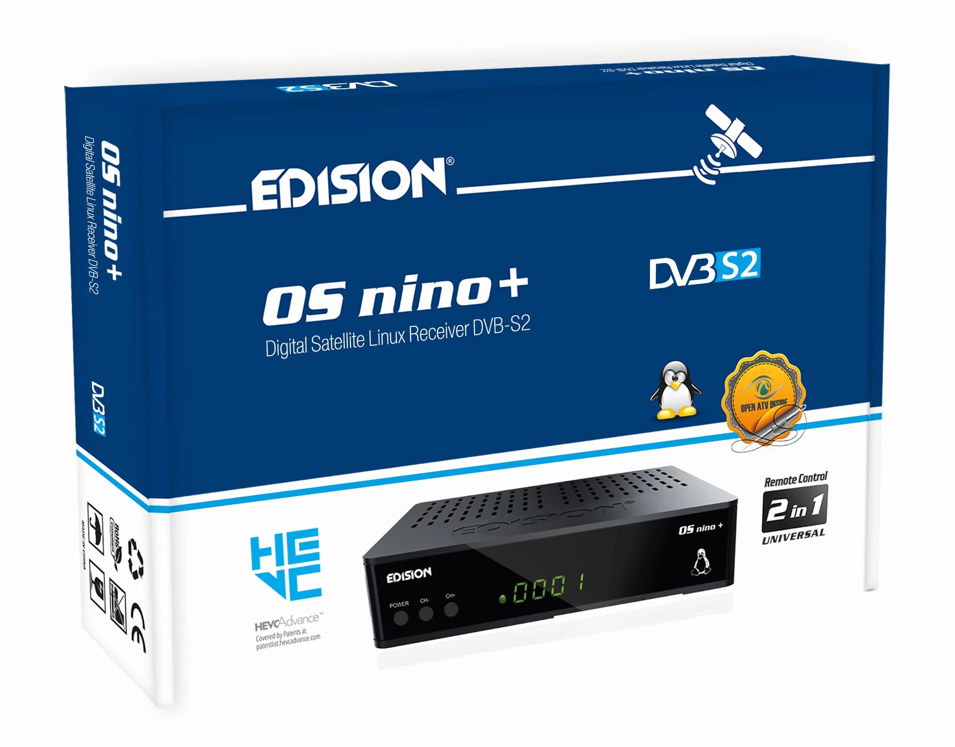 EDISION OS NINO+ Full HD Linux E2 odbiornik satelitarny H.265/HEVC (1x DVB-S2, 2X USB, HDMI, LAN, Linux, czytnik kart, 1080p) [wstępnie zaprogramowany dla Astra], 01-08-0016