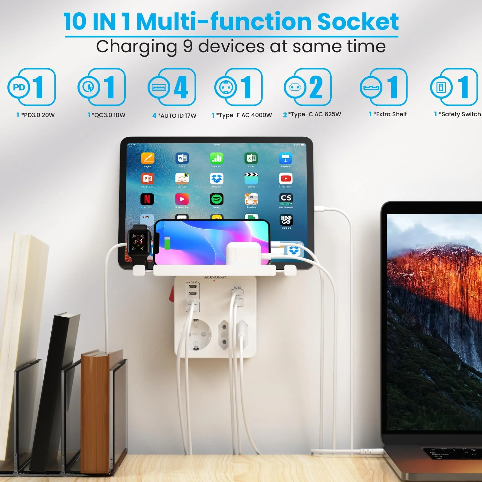 Gniazdo z Przełącznikiem,Adapter Gniazdka z USB C Szybkim Ładowaniem PD20W | Listwa Zasilająca Scienna 3 Gniazda 6 USB z Uchwytem na Telefon,Wielokrotna Gniazda z Półką Wygodny do Sypialni i Mieszkań