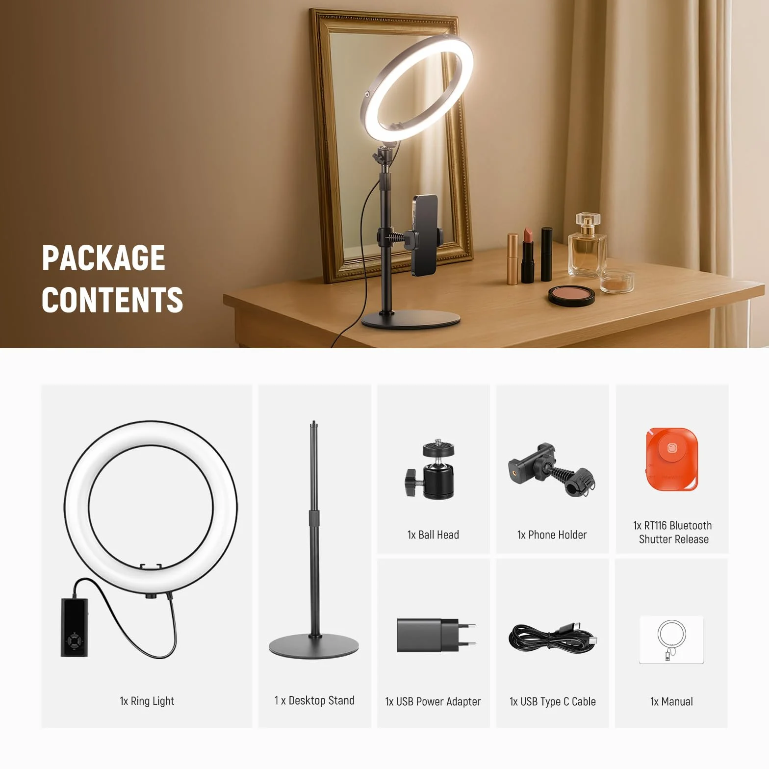 NEEWER Lampa pierścieniowa LED 10" 20 W ze stojakiem na biurko, uchwyt na telefon, kompatybilna z laptopem iPhone, dwukolorowa, 2900 K – 7000 K, wejście USB C PD, CRI97+ 1660LX/0,5 m, do selfie Make