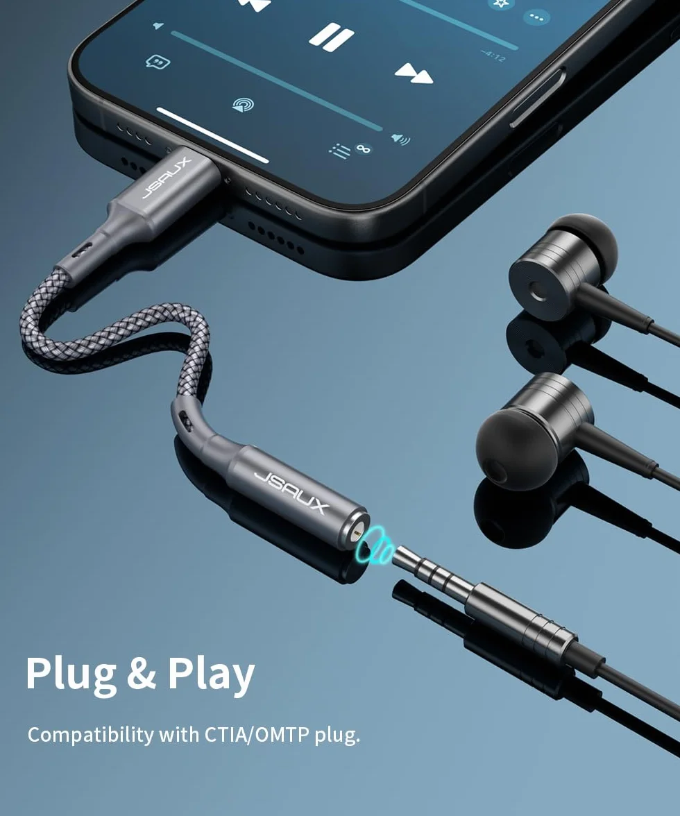 JSAUX Adapter USB C do jack 3,5 mm, gniazdo jack typu C AUX adapter audio kompatybilny z iPhone 17 Pro Max/16 Pro/15 Pro Max/15 Pro, Samsung S24/S23/S22/S21, iPad Pro, Pixel 6/4XL-szary