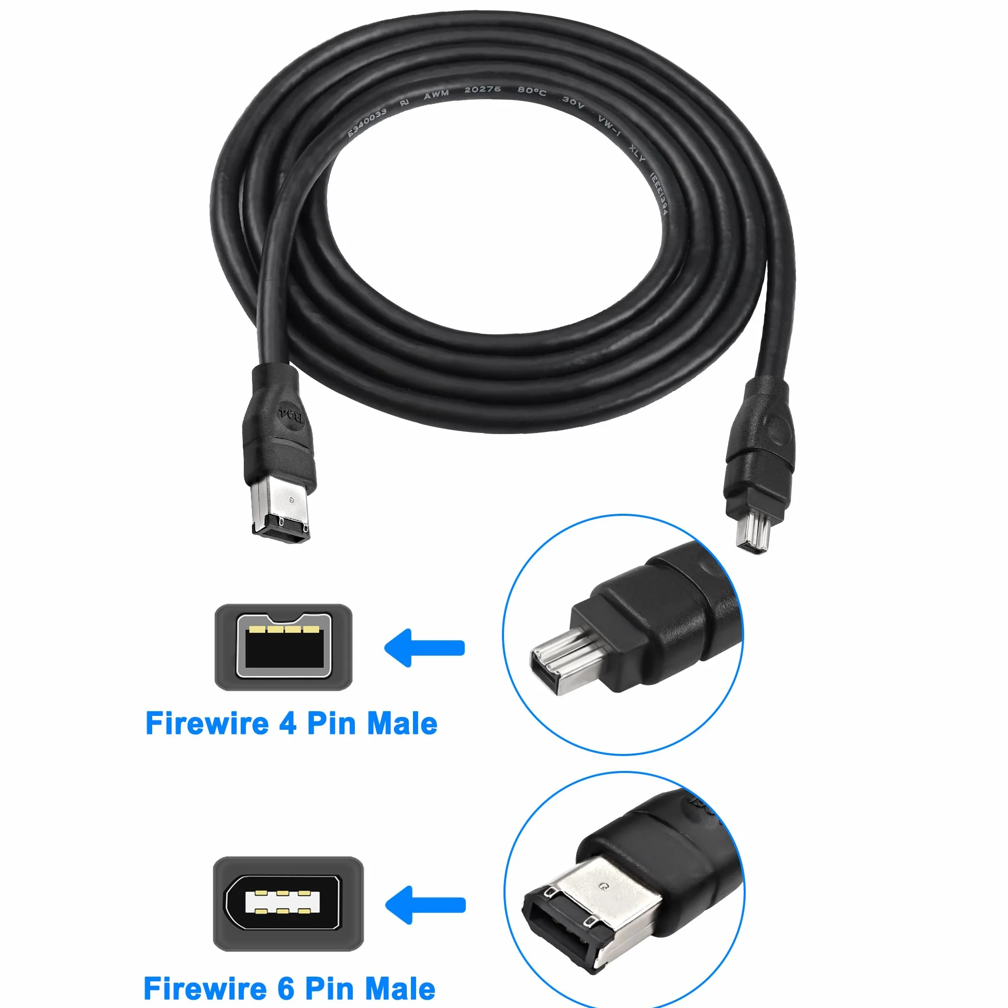 MEIRIYFA Firewire IEEE 1394B wtyczka 6-stykowa do 4-pinowego kabla wtykowego, Firewire 400 do Firewire 400 4 Pin do 6 Pin High Speed 400 Mbps do drukarki, skanera, aparatu cyfrowego (1,8 m, czarna)