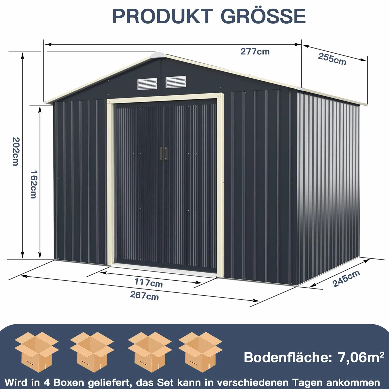 GOPLUS metalowy domek na narzędzia 7,06 m² 277 x 255 x 202 cm z drzwiami przesuwnymi dachem dwuspadowym