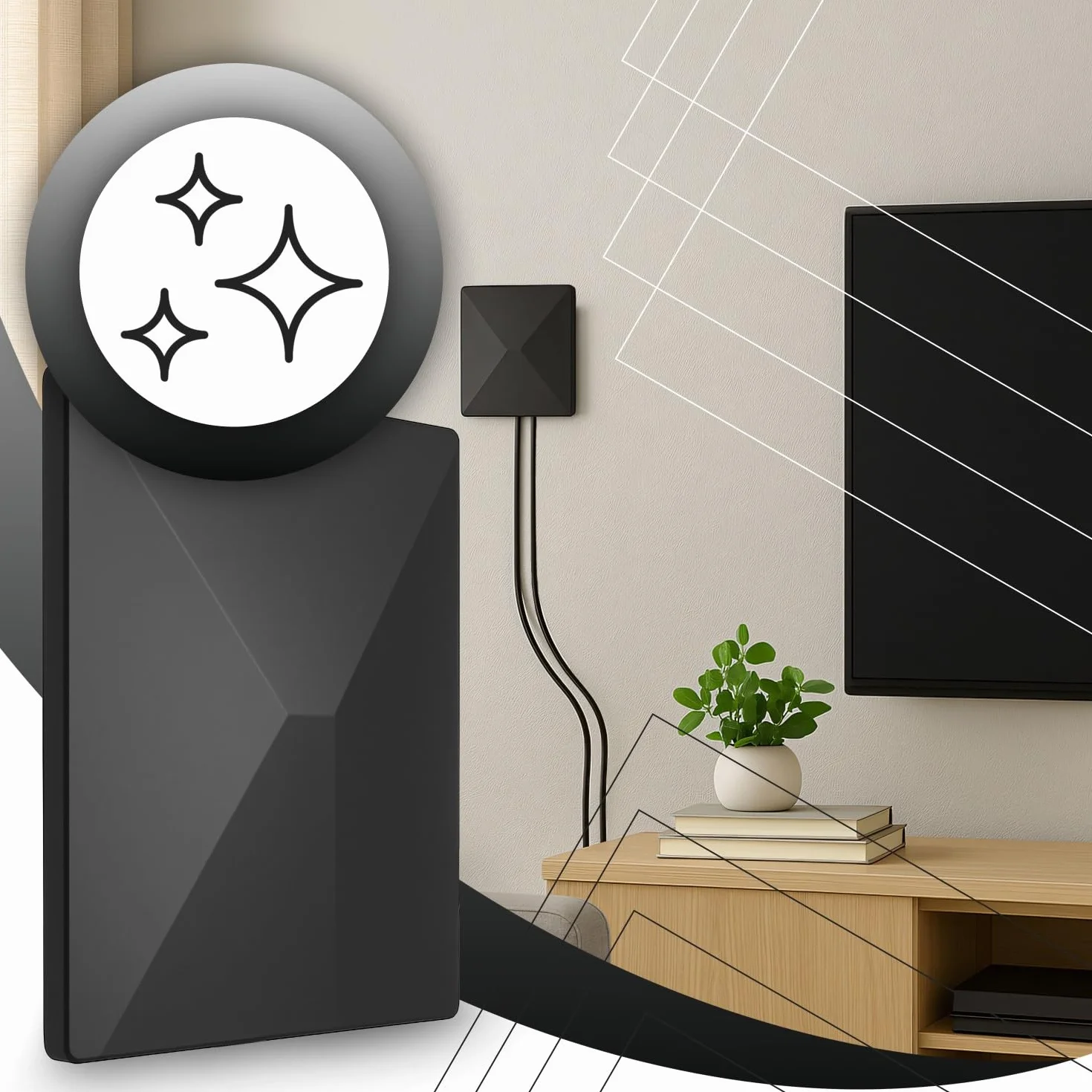 Retoo Antena DVB-T/DVB-T2 ze wzmacniaczem 35 dB, antena wewnętrzna do użytku wewnątrz i na zewnątrz, kabel 5m, odbiór 360°, antena TV do telewizora, dekodera i radia, UHF/VHF/FM, zasilanie DC 5 V