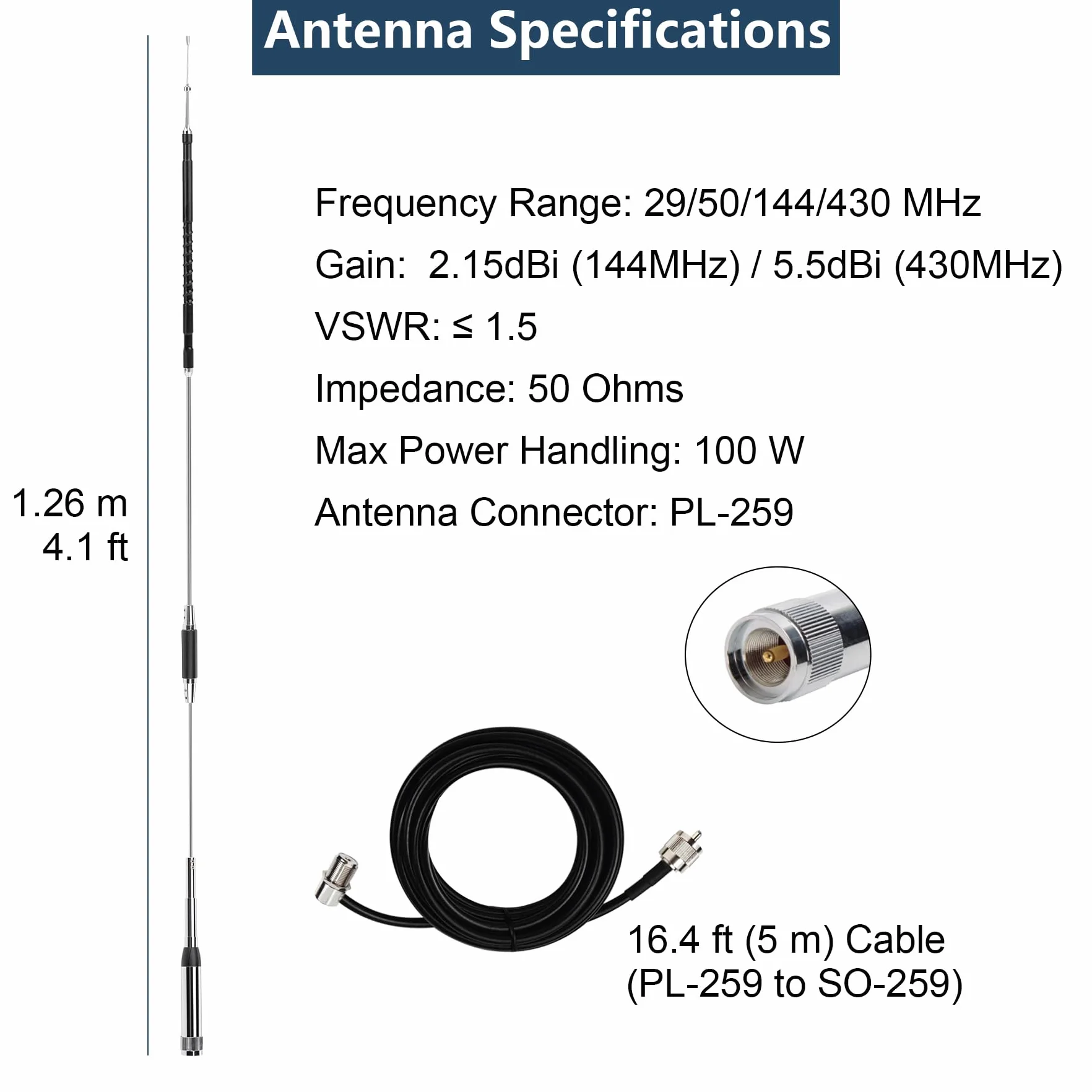 Radio mobilne Quad Band Antena 10 m/6 m/2 m/70 cm 29/50/144/430MHz 1.2 m High Gain Antena do radia samochodowego Molie z kablem koncentrycznym 5 m i klipsem bazowym