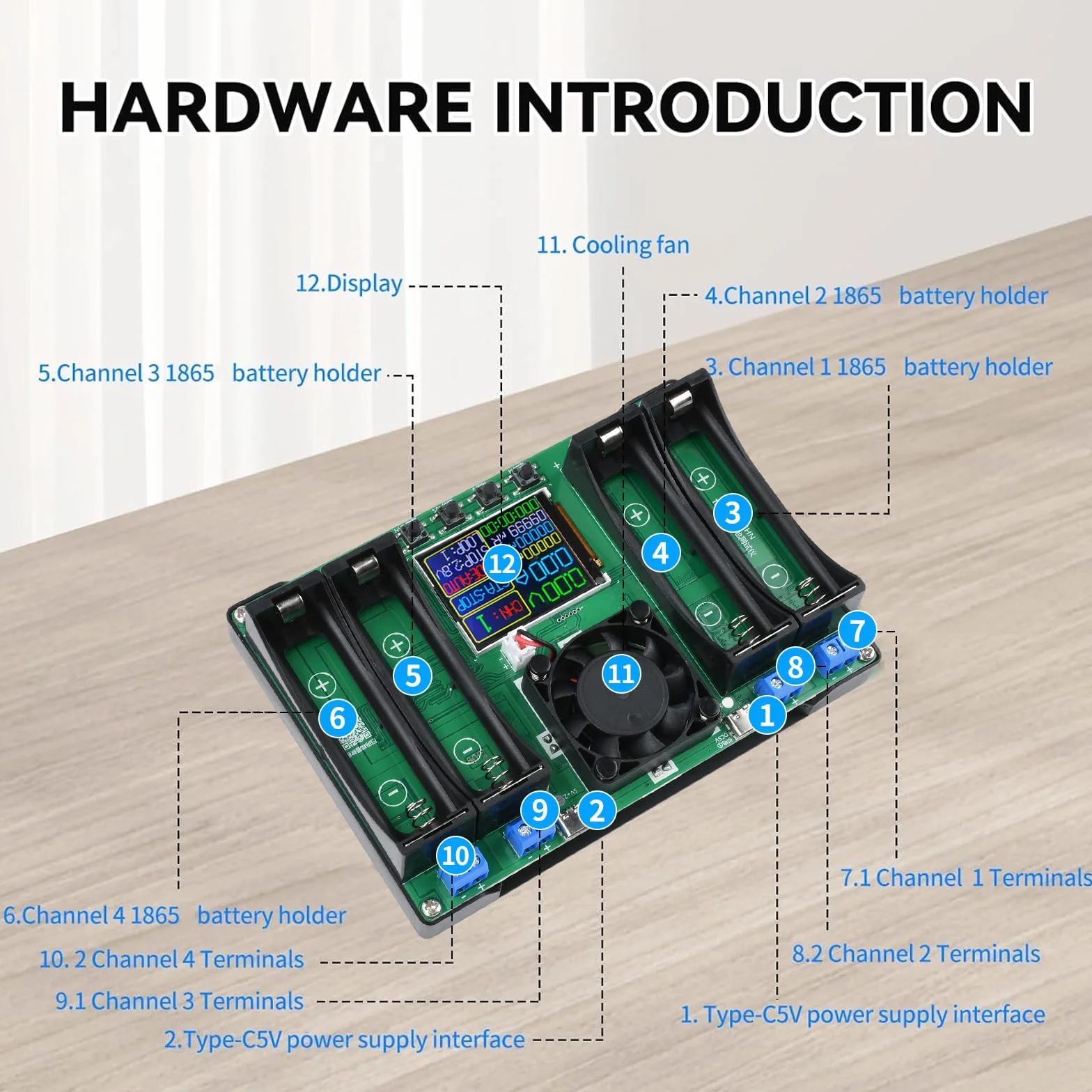 Tester pojemności akumulatora DC5V tester rezystancji wewnętrznej baterii moduł pojemności napięcia prądu wydajności z wyświetlaczem LCD typu C do baterii litowej 4 kanały