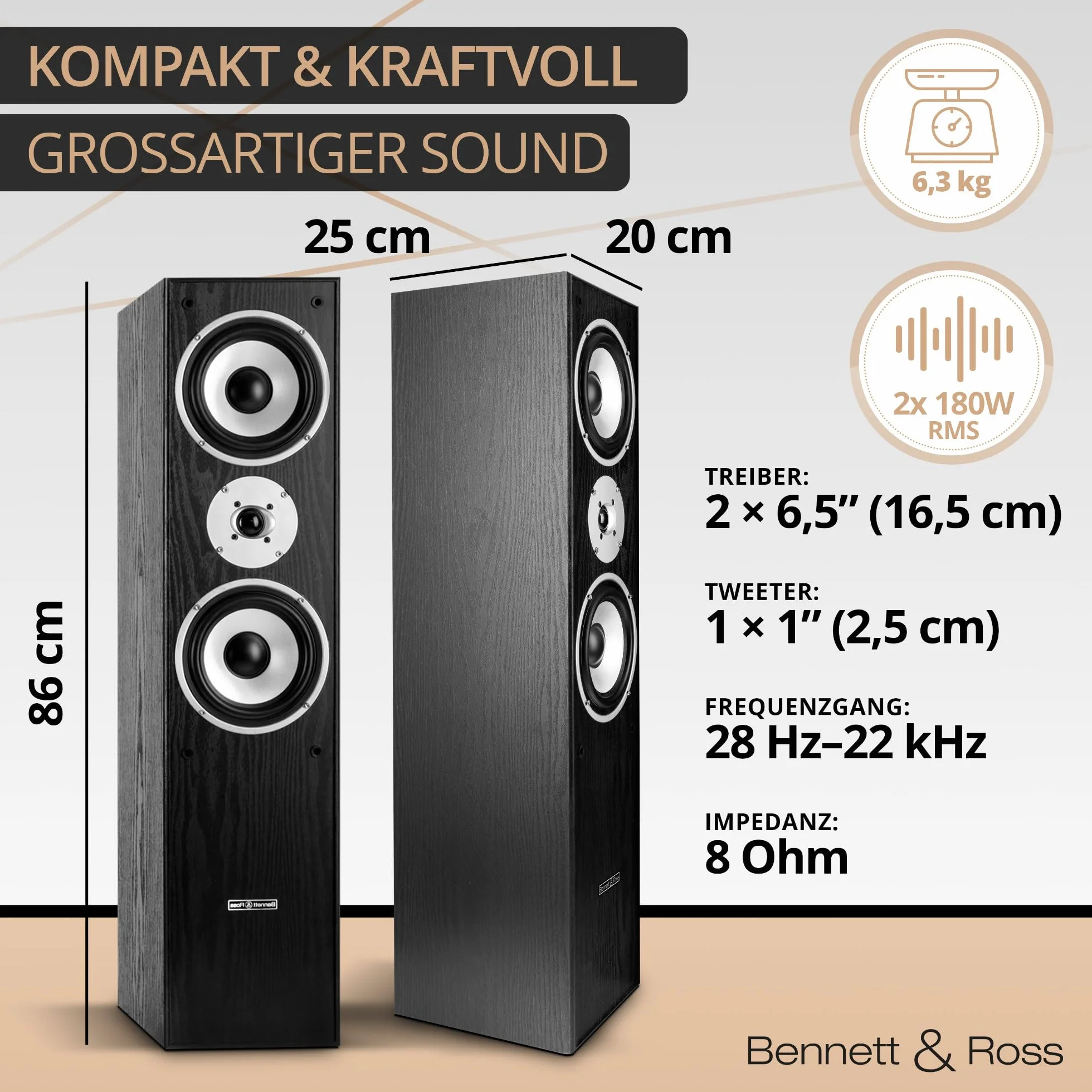 Bennett & Ross Radiant 3-drożny głośnik stojący HiFi (350 W RMS, 6,5" głośnik niskotonowy, 6,5" głośnik średniotonowy, 1" głośnik wysokotonowy, konstrukcja bass reflex, rysunek słojów o wyglądzie