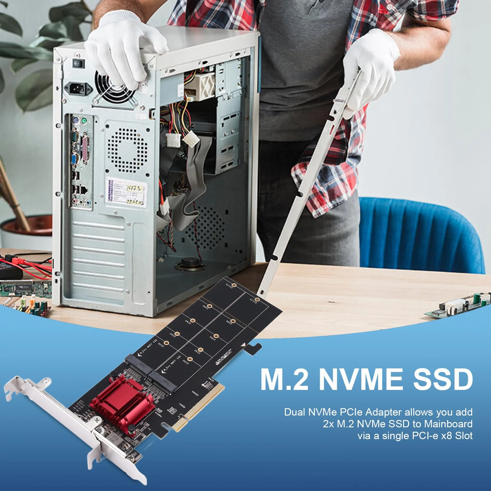 Podwójny adapter NVMe PCI, M.2 NVMe SSD do PCI-E 3.1 X8/X16 obsługa karty M.2 ( M) NVMe SSD 22110/2280/2260/2242