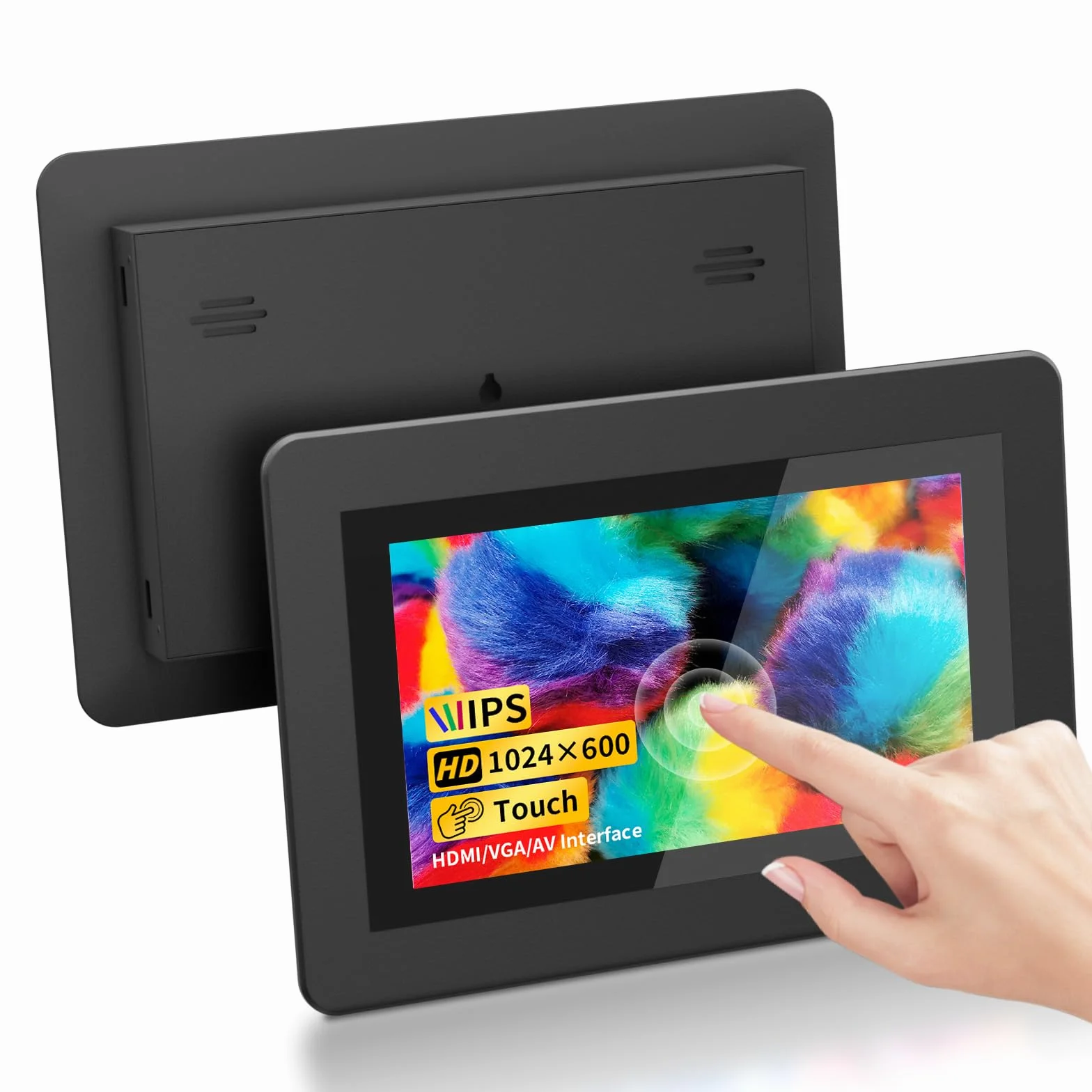 7-calowy ekran dotykowy, 1024 × 600 HD IPS mini monitor z wbudowanymi głośnikami/HDMI/VGA/AV do Raspberry Pi, PC, TV, DVD, CCTV