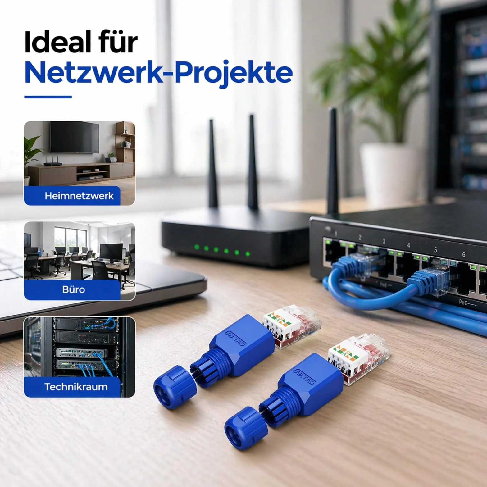 Powice Cat7 RJ45 wtyczka beznarzędziowa, niebieska, 2 sztuki