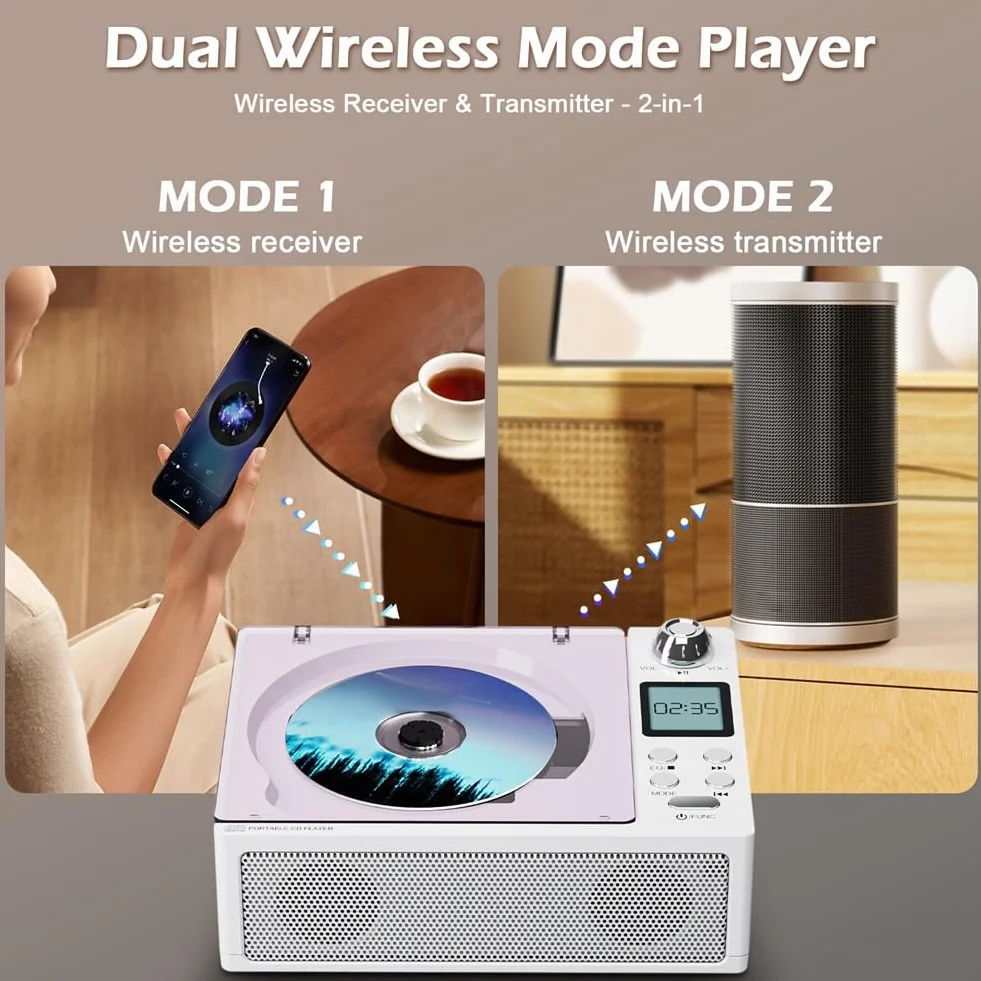 Hifi jakość dźwięku podwójny głośnik przenośny Bluetooth retro odtwarzacz CD Clayer, obsługuje kartę USB/TF / FM biały